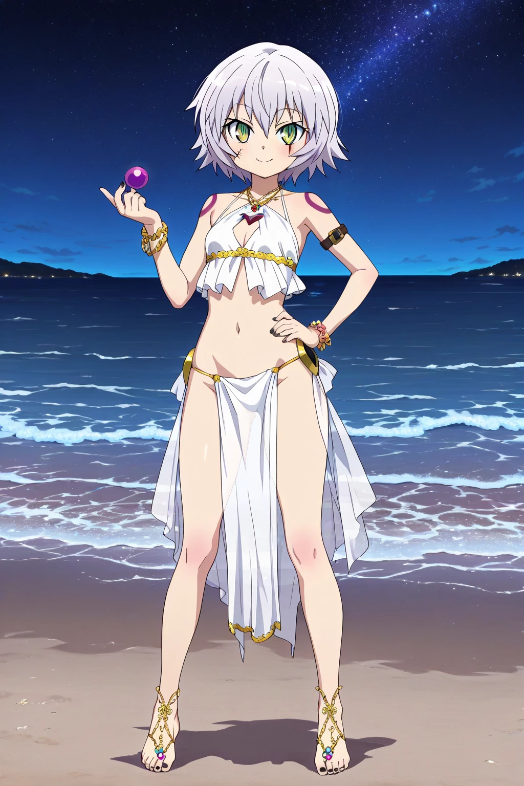 <lora:shino-000004:0.8>,((masterpiece,best quality, detailed)), cowboy shot, (1girl:1.2), solo, (seductive smile:1.3), breasts, standing, looking at viewer, (sea:1.3),(starry sky:1.3) ,