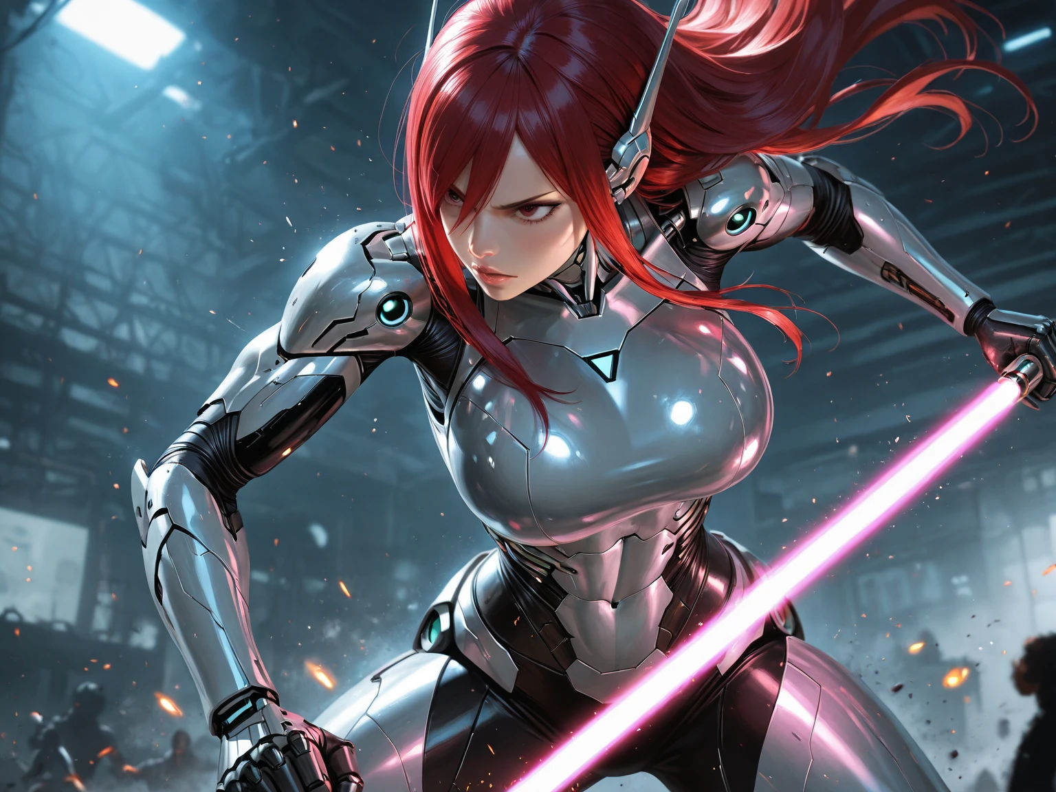 (Masterpiece), (wearing biofusion armor), holding a laser sword, best quality, 1 girl, pale skin, yellow hair with melancholy expression, messy hair, yellow eyes, glowing eyes, creepy, crazy expression, blood on face, blood on clothes, walking, falling, hanging arm, loose arm, school, hallway, darkness, lighting, creepy, scary, flashing lights, blood, horror, dim light, monster killed