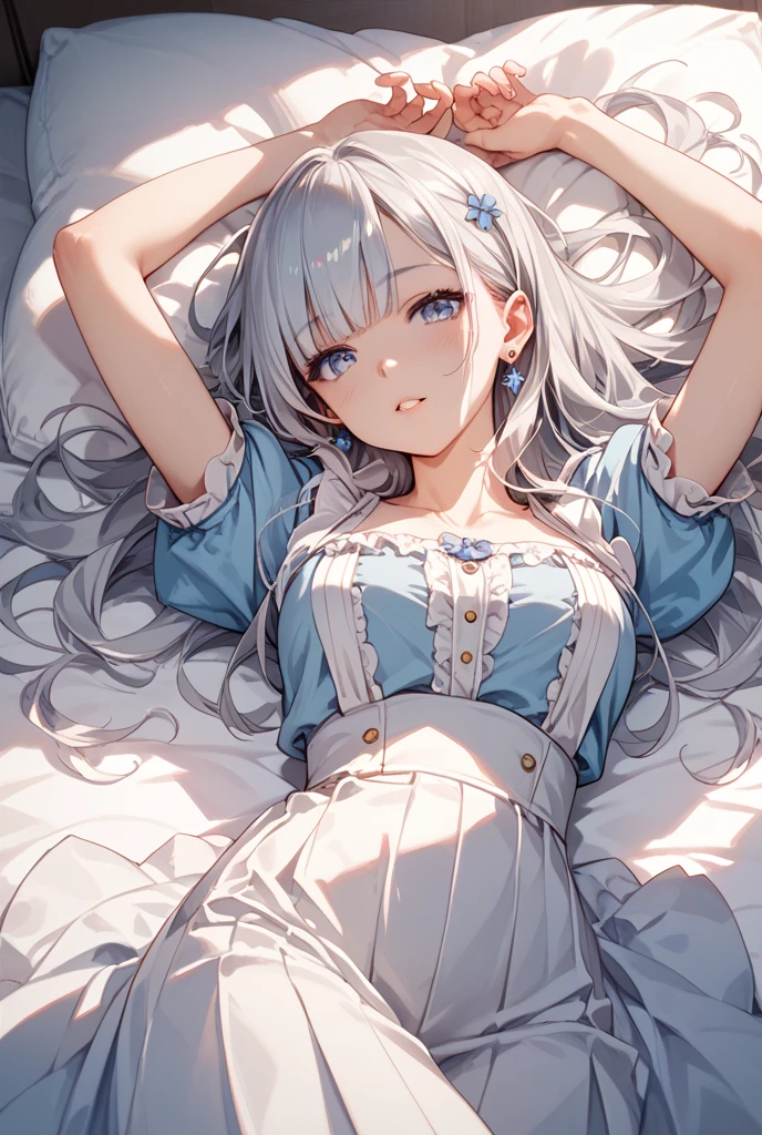 pale bluehair, (masterpiece, best quality, extremely detailed, absurdreasterpiece, best quality, extremely detailed ,(((( light blue long hair)))),,10 years old, long hair ((blush)) , cute face, big eyes, masterpiece, best quality, (Amazing,beautiful detailed eyes,,blunt bangs),big eyes、high resolution,masterpiece,best quality, masterpiece, best quality, ,,, long hair ((blush)) , cute face, sleeping girl , ,cowboy shot, on bed,school uniform, pantyshot, short sleeves,happy,cute face, , (laying on bed, laying on back),(Top Quality, 8k),ultra-thin lace fabric, micro bikini underwear, ultra-fine depiction, nipple tips are protruding, pubic area is clearly visible, legs wide open, ((layer cut, )), sleeping on bed, skin color bra
