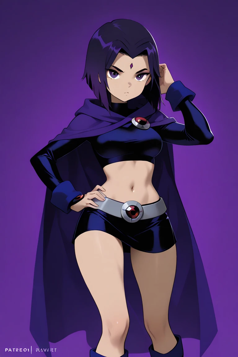Raven, TeenTitan, RavenTT, Short Hair, Dark Hair, Purple Eyes, Grey Skin, Medium Breast, red gem on forehead, 1 girl, white background, stressed face, black leotard, arms crossed in front of chest, Dark Blue cape