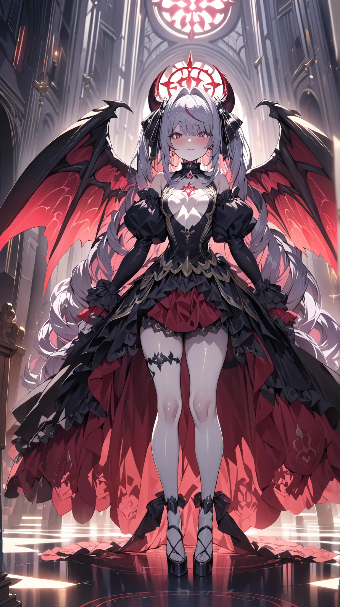 masterpiece, Highest Quality, very detailed, complicated, Hyper Details, large file size,high resolution,Detailed eyes , (perfect face), (shiny skin, Radiant Skin),,,,1girl,solo,,,,It's a dim altar room, there's a magic circle glowing red on the floor. she's standing on top of the magic circle, wearing Devil's Wings and Gothic Lolita clothes,