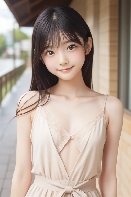((top-quality))、 ((masuter piece))、超A high resolution、Raw photo、intricate-detail、proffesional、foco nítido、Photorealsitic、Real life、surrealistic、photorealisim、Silhouette Light、finely detail、Highly detailed CG Unity 8K wallpapers、erfect artwork、Depth of field is deep、No perspective、细致背景、shinny hair、radiant eyes、shinny skin、realisitic、Looking at the camera、Very delicate and cute、Cute detailed girl、pure、cute large eyes、Facial Lights、Cinematic lighting、Transparent material、realistic representation of face、(intricate detailes)、no-makeup、(delicated face、Delicate eyes and face)Detailed skin、Best ratio of four fingers and one thumb、(flat-chest: 1.4)、short torso、Transcendental thin legs、Transcendent small butt、((独奏))、light、Very young face、Innocence、Facial Highlights、Professional Writing、女の子1人、White lightweight tank top with thin fabric、White Sheer Light Shorts、Back lighting、((Stand facing the front))、Hands on the hips in the style of models、florals、((non-blur))、Skinny style、((Knee shot))、((12year old))、(Beautiful pitch black shiny one-tail medium hair:1.4)、(Super beautiful girl with cute loli face:1.6)、Short stature、Beautiful shiny black hair、((Super petite and super slender girl))、((A true transcendent beautiful girl with ultra-young Japan))、Plump round face、Small face and small nose、Healthy face、Soft lips、pale cherry colored lips、(rather thin eyebrows: 1.4)、shiny large black eyes、big eye、(The corners of the mouth rise:1.4)、Clothes are see-through、Protrusions、erect through、(Shy smile:1.8)、less clothing、no sleeves、Eyes for hollow details、Floating hair、large eyes that are symmetrical、hair clips、No face makeup、