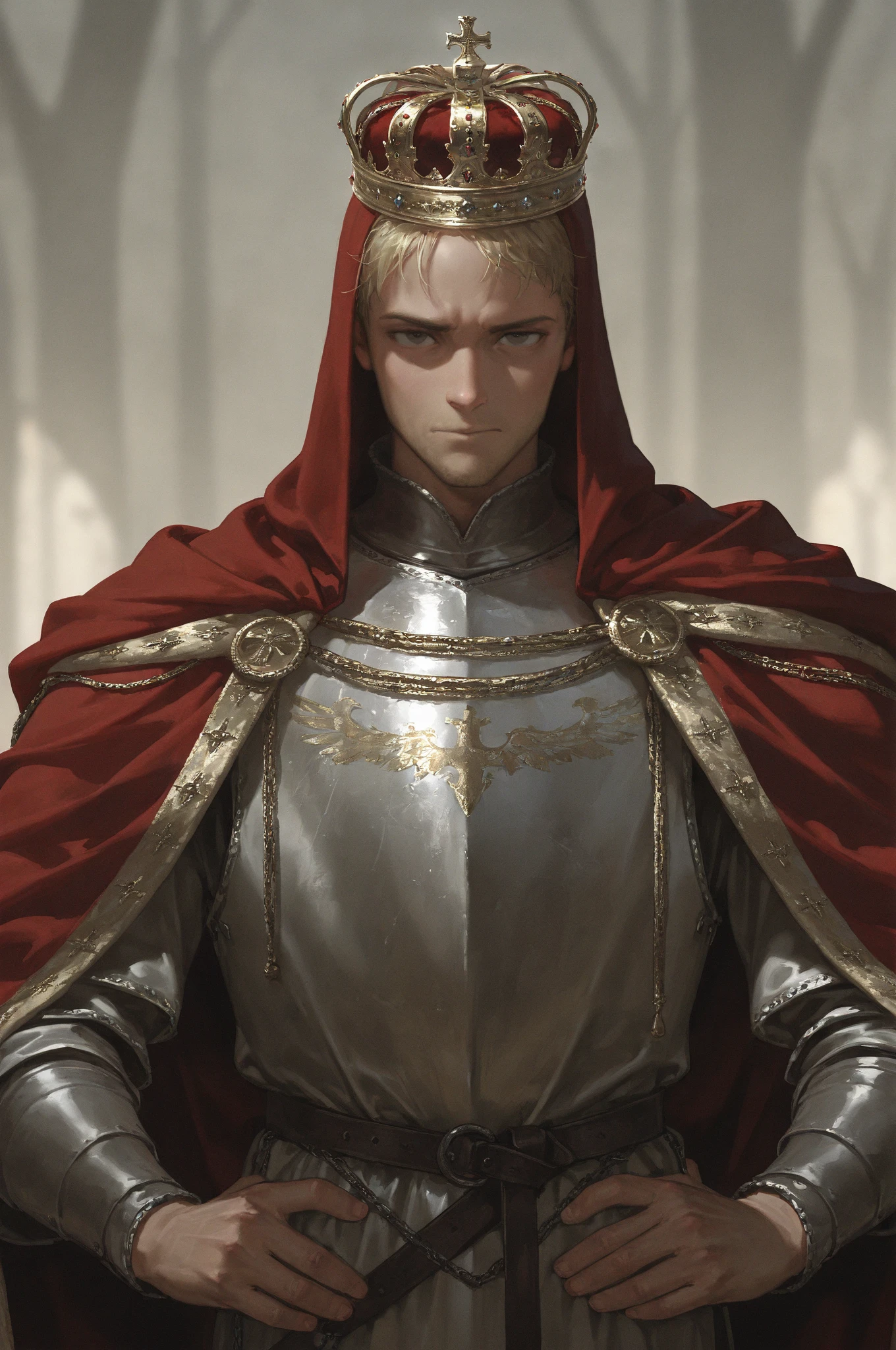 A royal knight covered in blood and with a traumatized expression on his face from the war.