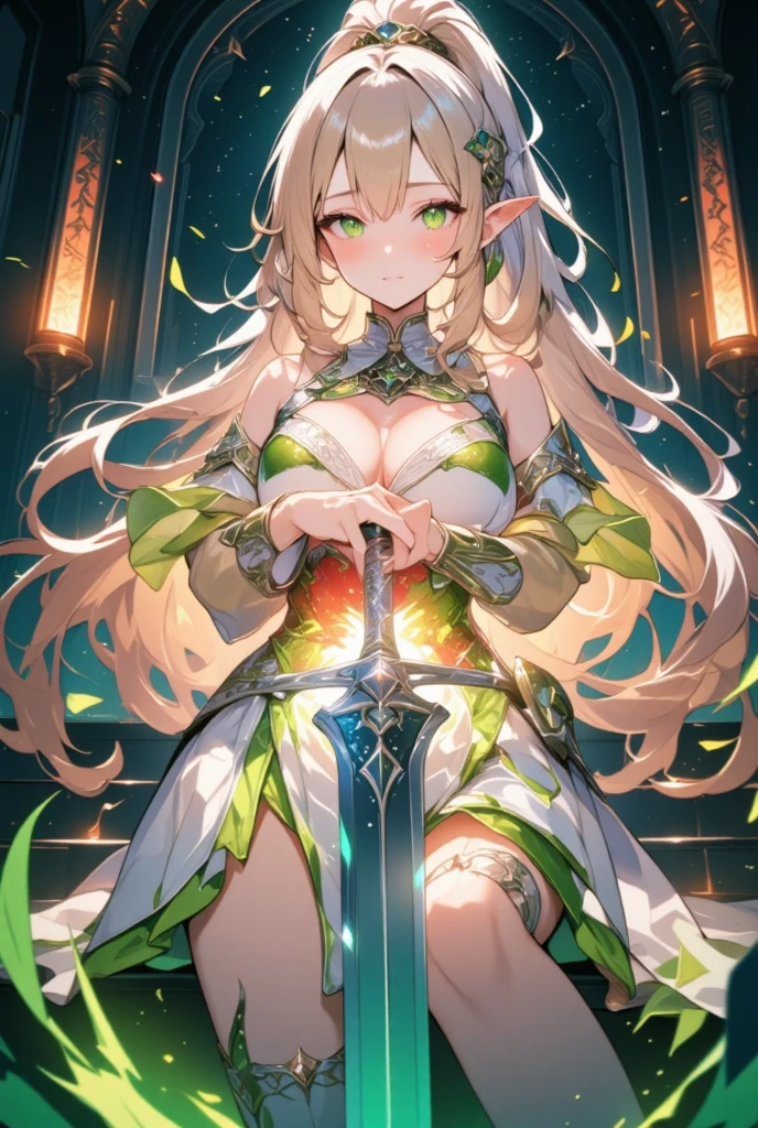 1girl, solo, masterpiece, <lora:durandaleoav2:0.85>, durandaleoa, looking at viewer, smile, large breasts, ponytail, cleavage, very long hair, elf, pointy ears, dress, armor