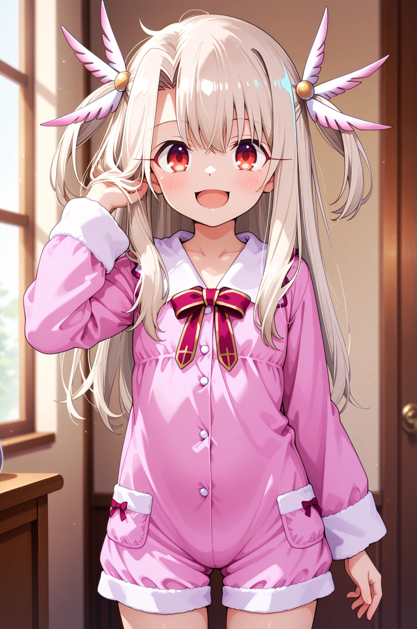 high image quality、High Quality、8k、4k1 person、 illyasviel von einzbern(destiny/カレイドスター・ライナ prismairiya), ), , long hair, blonde hair, (red eyes:1.3), (split bangs:1.5), smile, BREAK Hair Ornament,young、、flat chest、、young体形 , プリズマ☆イリヤ、Neko Peas、cute pajamas