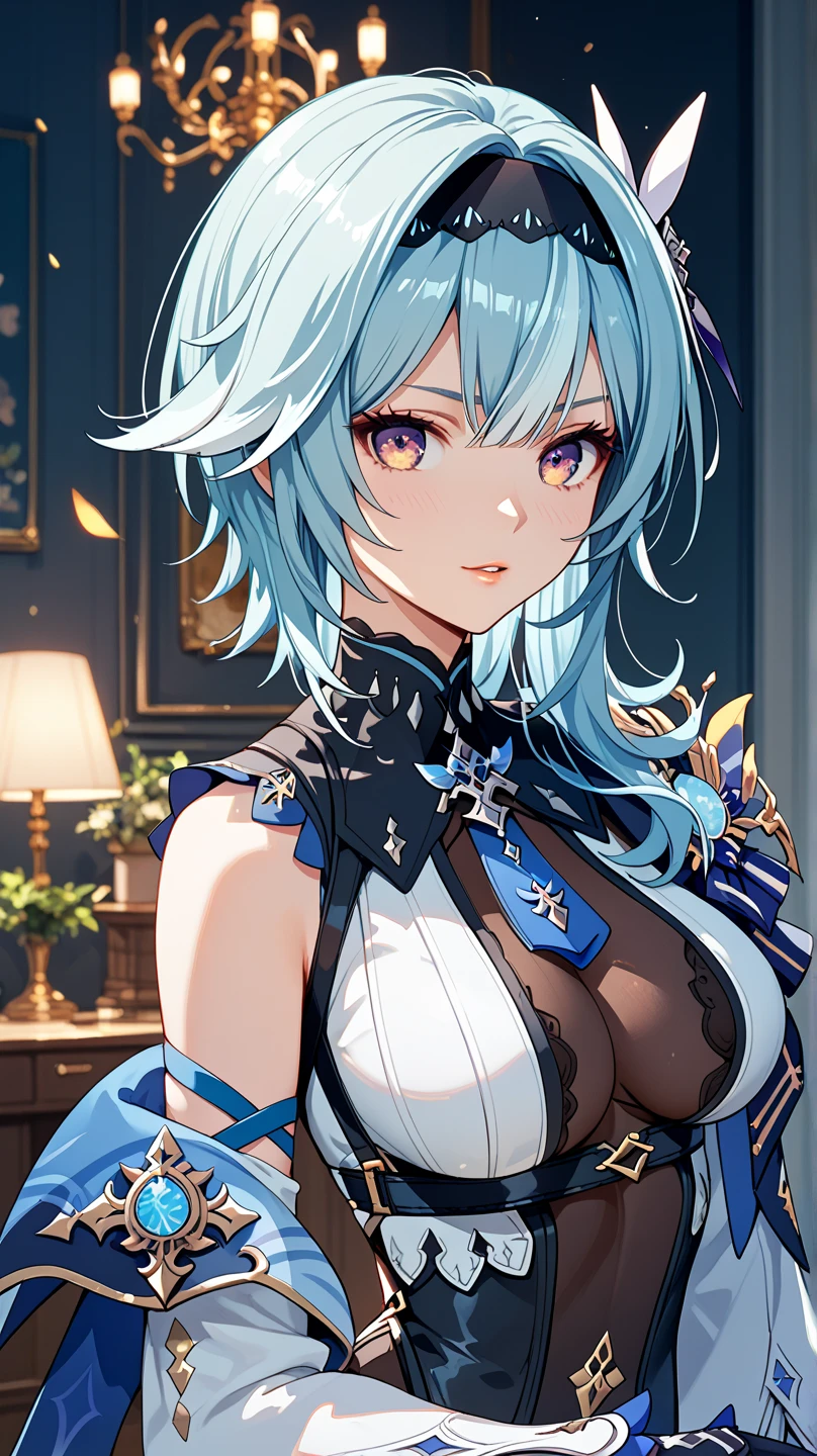 ayaka genshin impact, beautiful girl, long blue hair, beautiful face,smiling,close up to hips, beautiful medium breast, in the middle of flowers field, (open mouth:0.4),illustration,detailed textures(realists),ultra-detailed,portrait style,vivid colors,soft lighting, blushing, mature, hair fluttering, evening light, ((half body)), wearing casual pajamas, cleavage , ((side profile until hips)), ((mature)), 