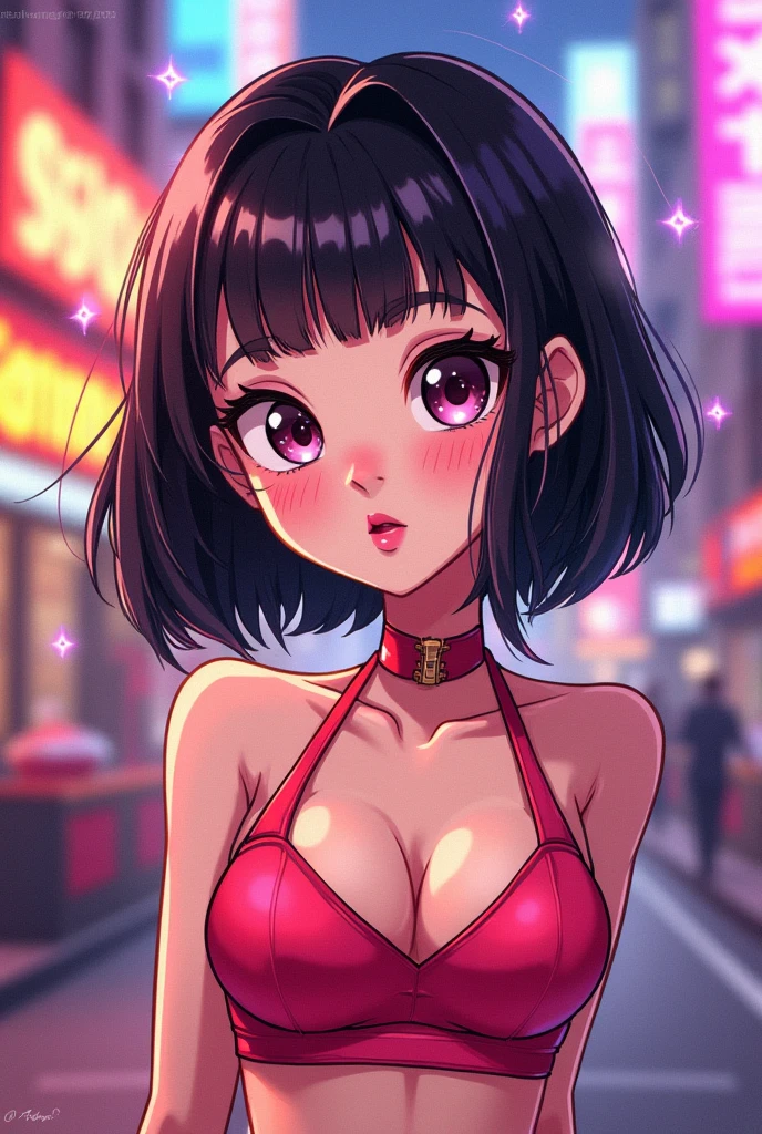 Masterpiece, best quality, ultra detailed:2, Linda Belcher from Bob's Burgers, red and black accent brassiere, lifted leather micro skirt, urban alley, steam coming from manhole covers, graffiti covered walls, absurd detail:2, moonlit lighting, shooting stars in sky,, nsfw
