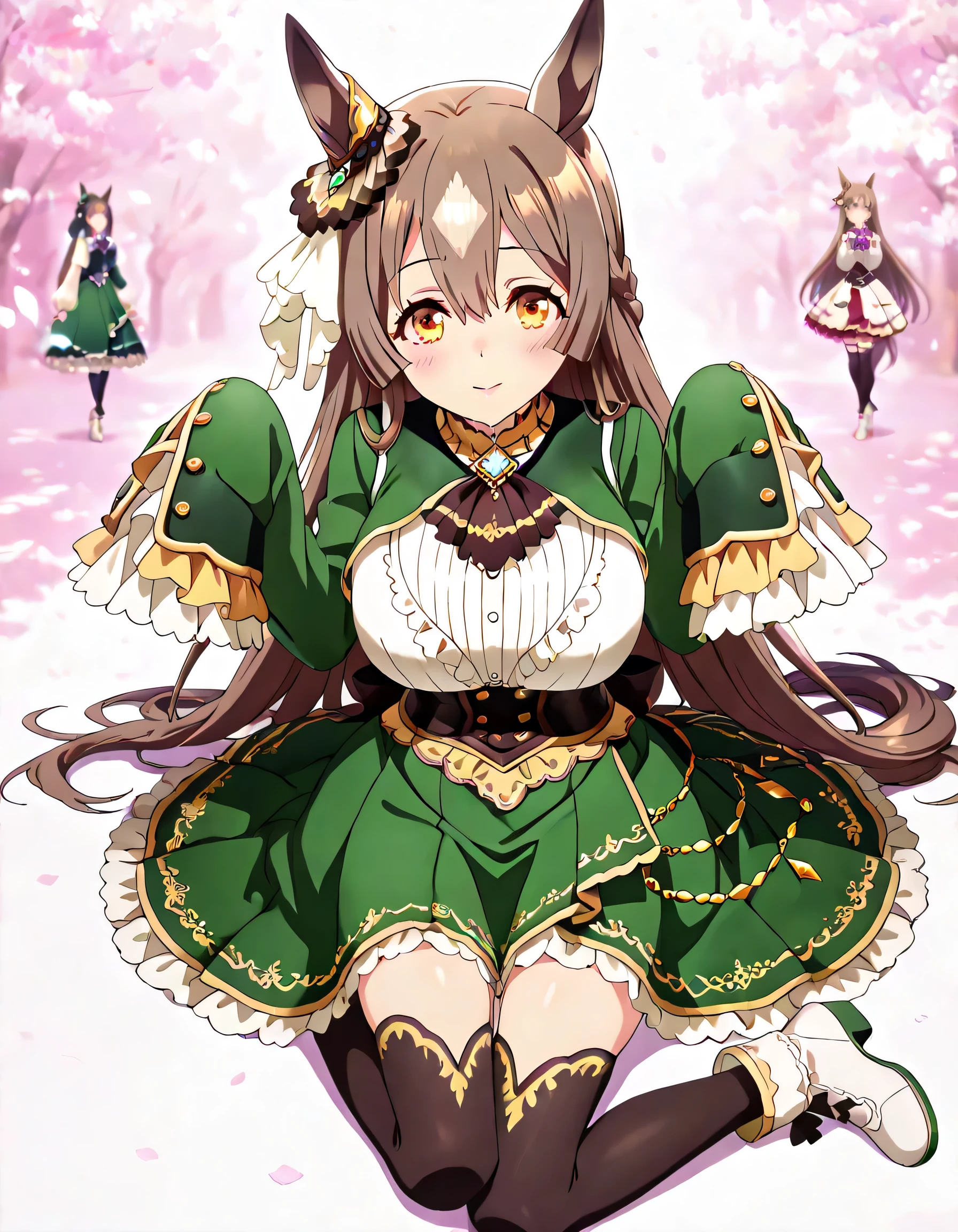 ((ultra-detailed)), (highly detailed CG illustration), (best quality:1.2), ultra-highly detailed, colorful composition, artistic photoshoot, 1girl, solo focus, upper body:1.3, moe anime character,round face, rounded chin:1.2, short stature, styoung, brown hair:1.3, satono diamond \(umamusume\), horse girl, ear ornament, long hair, brown hair, half updo,(very long hair),hair between eyes, braid,bangs, brown eyes, ear ornament, horse ears, half updo, sleeves past wrists, brown ascot, underbust corset, white frilled long sleeves,horse tail, white frilled shirt, chichibukuro:1.3, lace-trimmed high-low skirt green dress, brown thighhighs, white ankle boots, blue brooch, low back brown ribbon, ample breasts, full body view, intricate design, graceful posture, poised expression, delicate curls, soft shading, harmonious color palette, ethereal ambiance, sitting, pink lips, gentle smile:1.2, blush:1.2, from side, dynamic pose, contrapposto pose,kawaii background, best quality, masterpiece, portrait, depth of field, soft lighting, sidelighting, shine, lighting, caustics, ray tracing, perfect face, lustrous skin, highly detailed face, highly detailed eyes, perfect face, perfect nose, perfect hair, perfect eyes, beautiful hair, beautiful small face, extremely detailed face, beautiful detailed eyes, beautiful clavicle, beautiful body, beautiful huge breasts, leavage, breasts squeezed together, equalize the size of the left and right breasts, beautiful thin thighs, beautiful legs, beautiful fingers, 4 fingers, 1 thumb, lovely, (very detailed background:1.0), (highly detailed background:1.0), kawaii aesthetic, intricate details, girly atmosphere, pastel colors palette, chromatic aberration