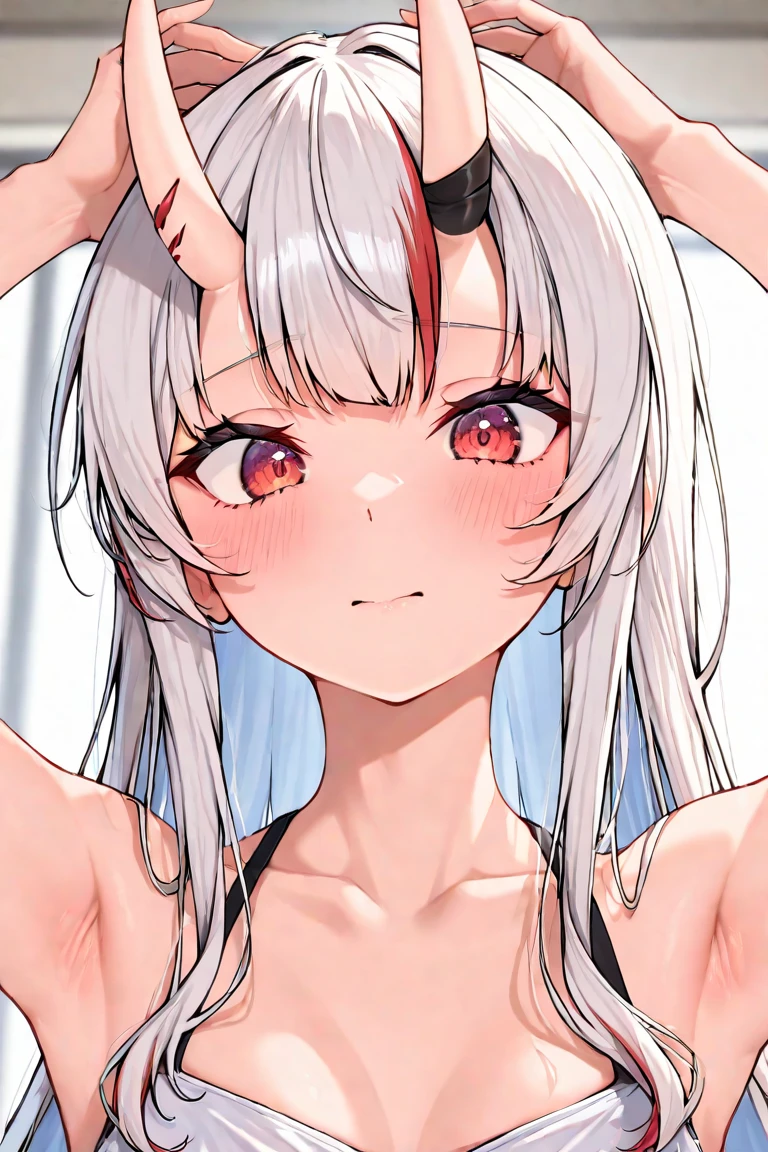 best quality, amazing quality, very aesthetic, absurdres, 1girl, mutsuki (blue archive), blue archive, red eyes, white hair, naked, strapless, (artist official art:1.5), (realistic face), (sad, smile), (cowboy shot), (art:1.5), shorts, (thigh), expressive eyes, perfect face, 4k, extremely detailed anime illustration, extremely detailed eyes, enhanced details, perfect anatomy, light rays, photo background, extremely delicate body, smooth skin, feminine expression, (black background:1.5), cristal clear eyes, beautiful face, small breasts