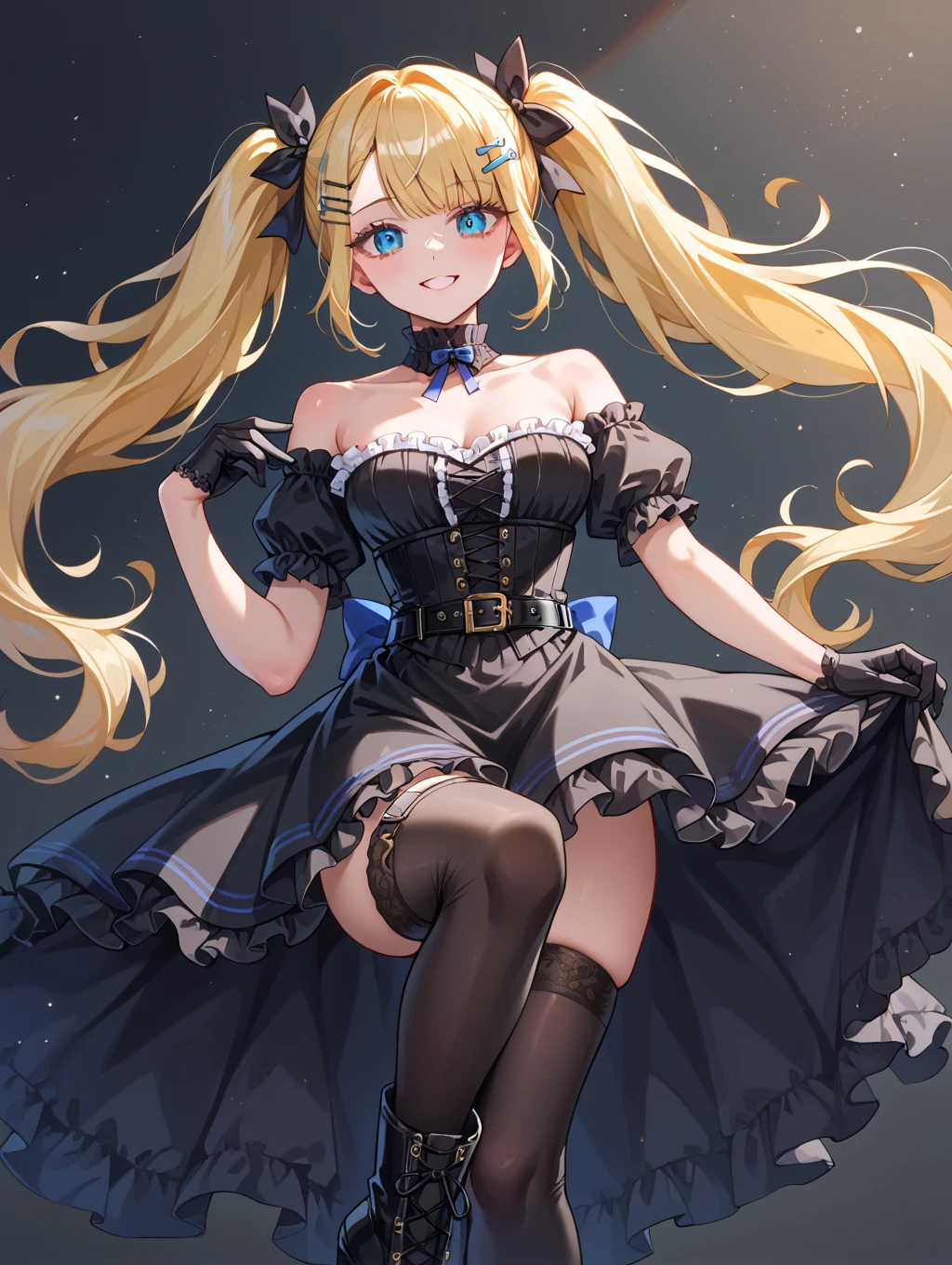 bright girl in the dark, Sat, castle ruin, twin drills, thights, thights, frilled dress, blonde hair,