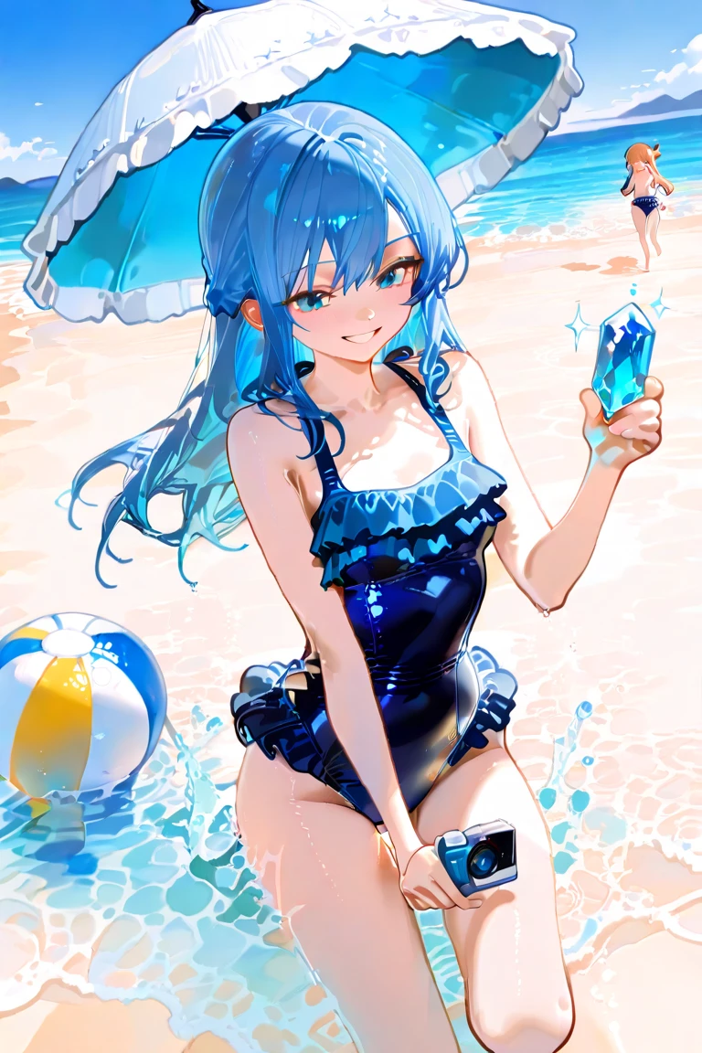 masterpiece, best quality;1.3), ultra detailed, ooking at viewer, rem_re_zero, Facial close-up,blue hair, short hair, hair ornament, cleavage, detached sleeves, masterpiece, top quality, best quality, 1 little girl, swimsuit party, in the water,fish,watermelon,cute style, perfect structure, summer theme,(White yarn bikini:1.2),Hand held ice cream,