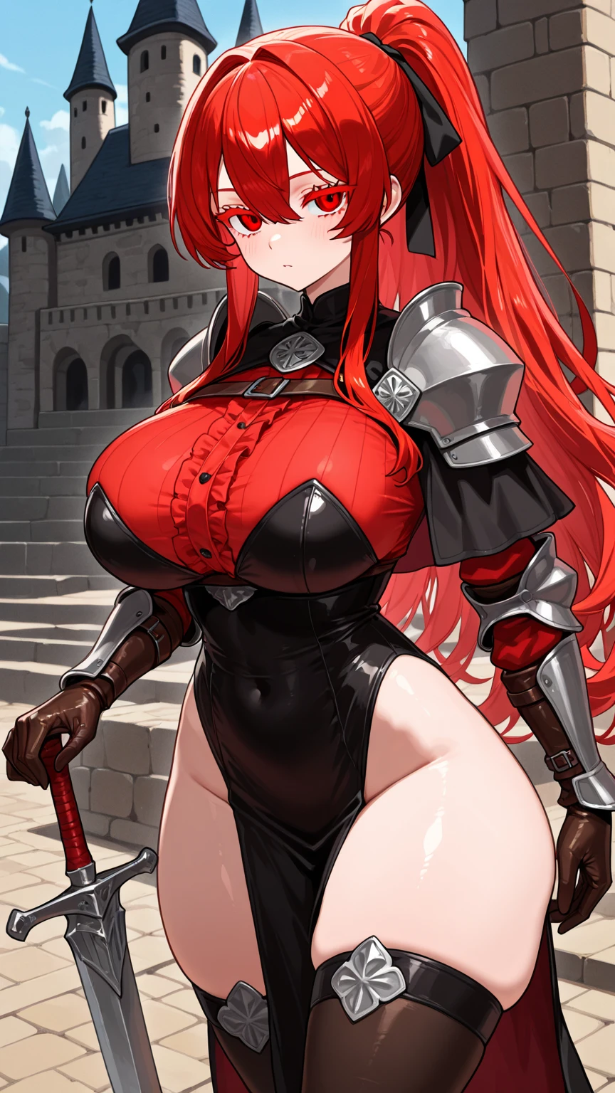 amazon, long red hair, ponytail, curvy, wide hips, huge breasts, bikini armor, abs, full body, big spear