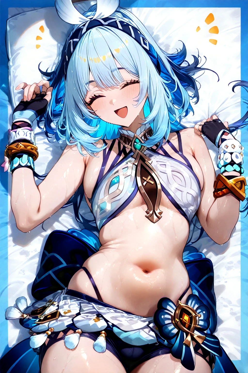 Ganyu Genshin impact, Bikini, White underwear with blue stripes , sleeping, 1 Person,