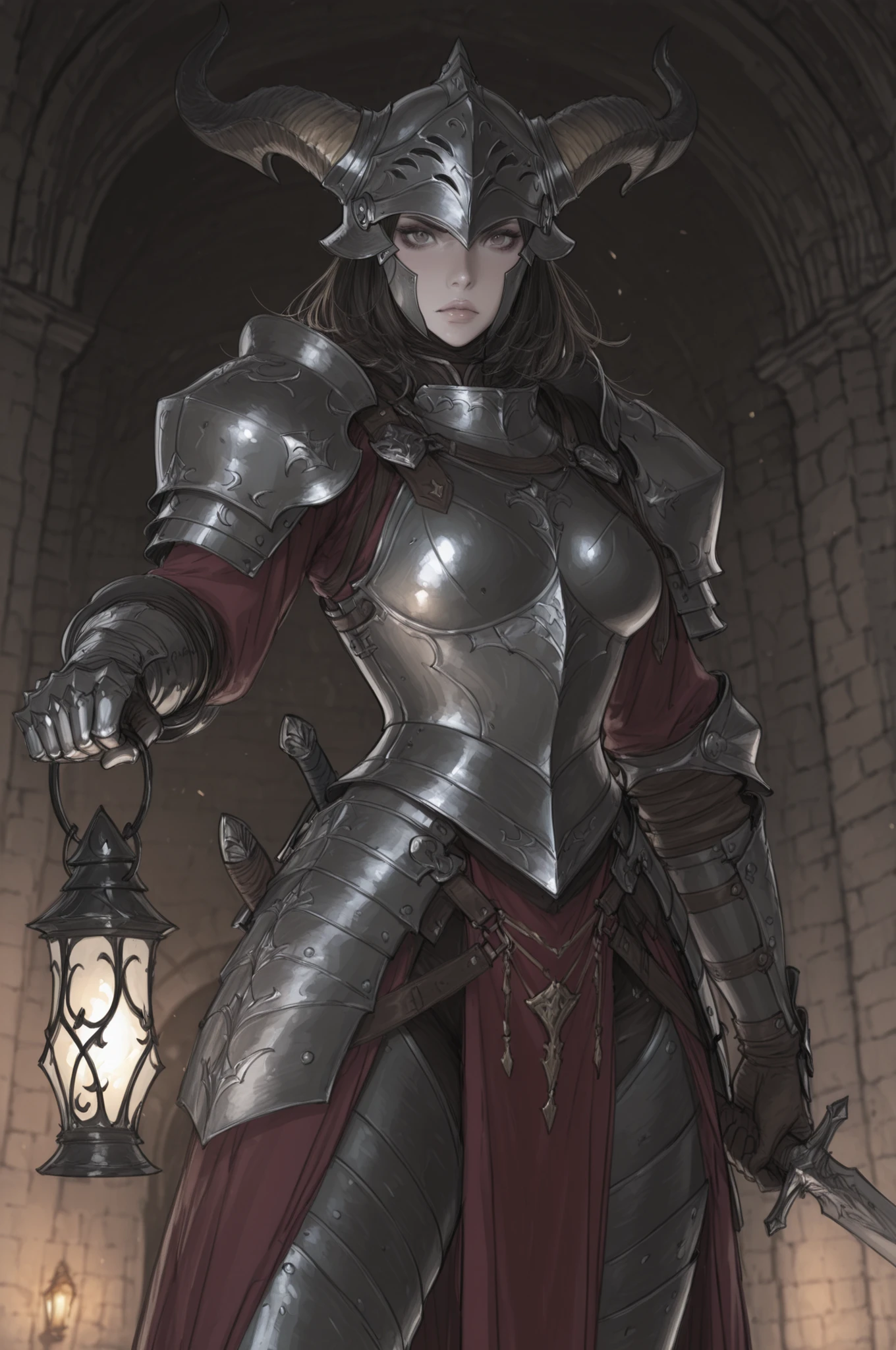 masterpiece, best quality, amazing quality, very aesthetic, high resolution, sketch,
kdmstyle, 1girl, solo, looking at viewer, holding, standing, weapon, cowboy shot, horns, sword, holding weapon, armor, holding sword, helmet, knife, shoulder armor, gauntlets, pelvic curtain, pauldrons, lantern, breastplate, faulds, full armor, holding lantern,