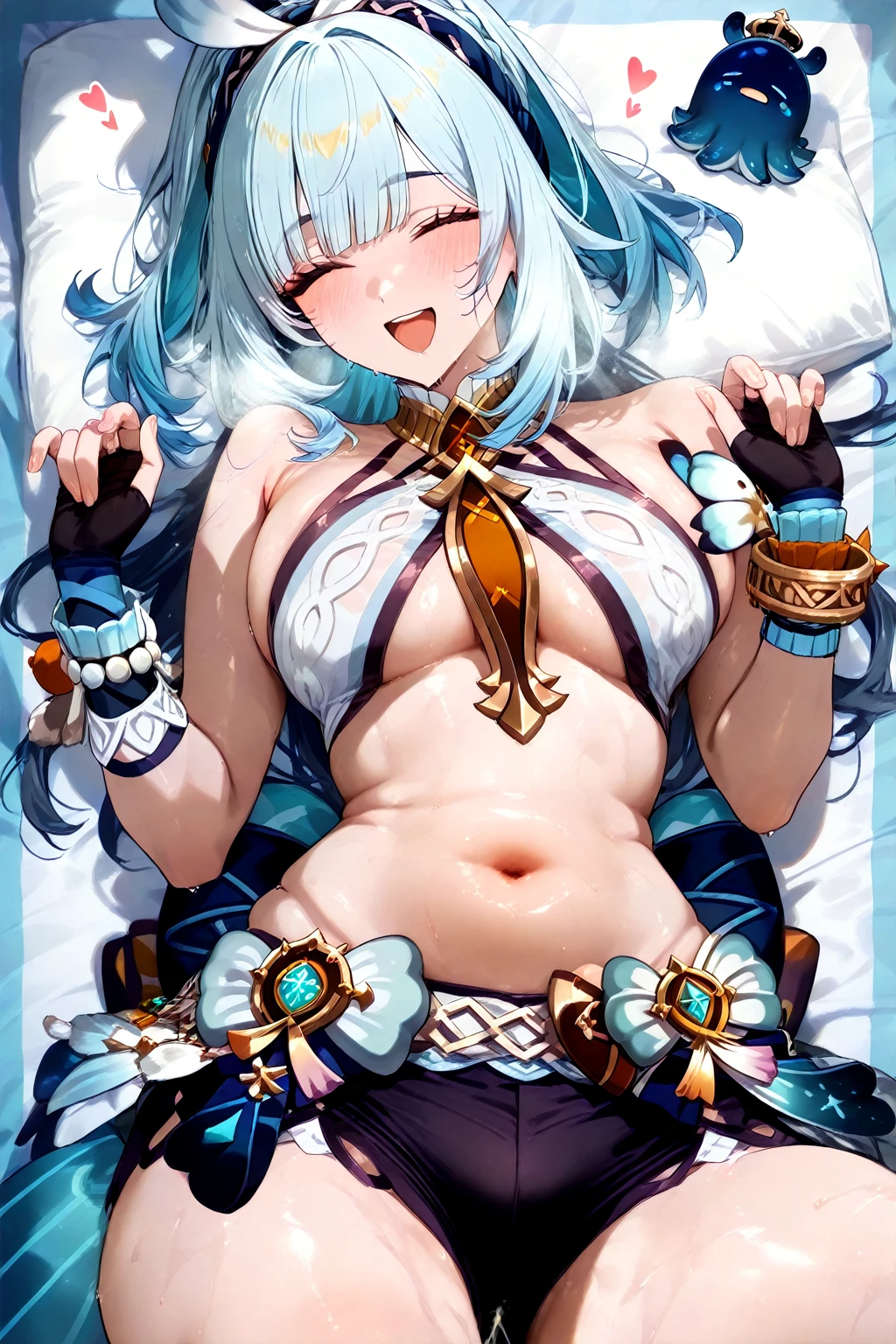 masterpiece、Best Quality、Hi-Res、detail clothes、独奏、in a house、lying on one's side on bed、Banzai with both arms、From above、Blue-haired、yellow eyes、Ahoge、Glows、Sexual facial expressions、(grinning mouth:0.9)、(Open mouth:1.2)、Ribbon wrapped around the neck、(Large tattoo in the form of a uterus on the lower abdomen:1.21)、(Navel piercing:1.1)、(skinny thigh:1),(Closing both eyes:1.07),(Dimly open eyes:1.33),with spreading legs