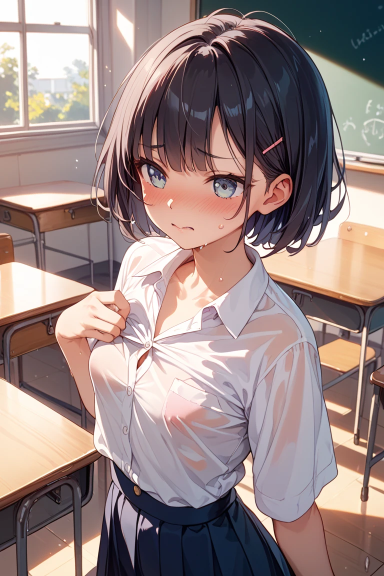 ((masterpiece, highest quality:1.2)),cowboy shot,16 year old beauty,solo,dark brown hair,short bob hair,brown eyes,blunt,skinny,medium breasts,toned body,skinny,shiny skin,oily skin,sweat,shy,tears,blush,nervous、Wearing 、White long sleeve shirt、Blue tie、Navy blue checkered pleated mini skirt,sitting,Simple desk、classroom、School、sunset、