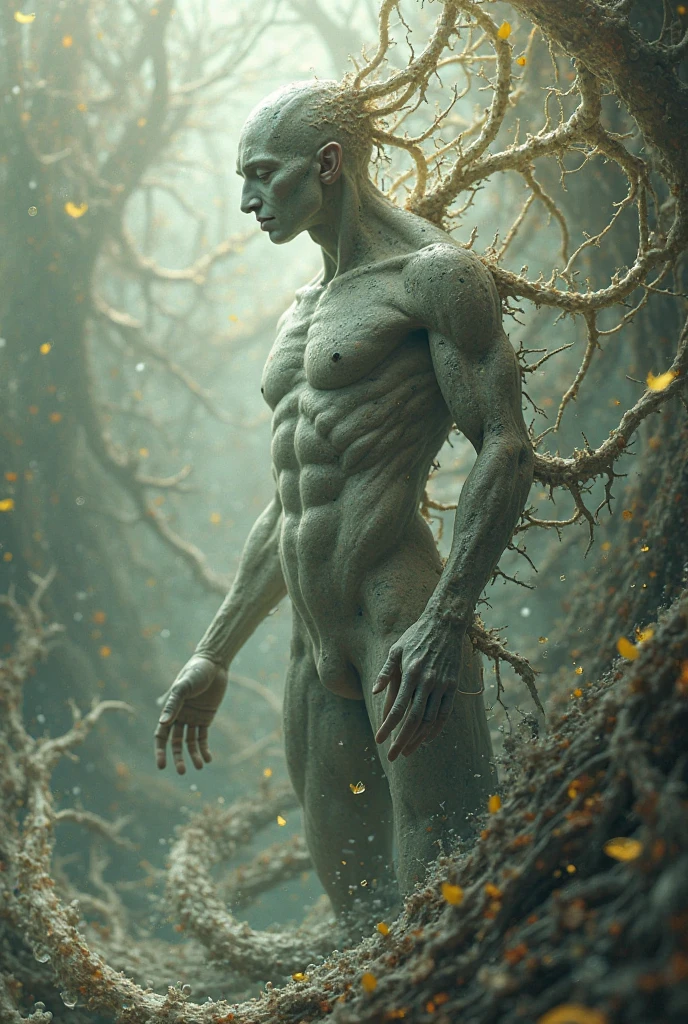 Adam Kadmon his figure breaks down into several parts, Fragmentation. In the background, a dark road and rain of sulfur