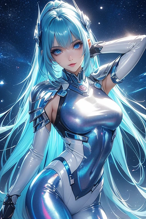 A beautiful anime girl in a blue futuristic mecha suit with the quality of a surrealist masterpiece. She has a delicate angelic face and devilish curves that shine in realistic lighting, just like a Canon 5D movie.