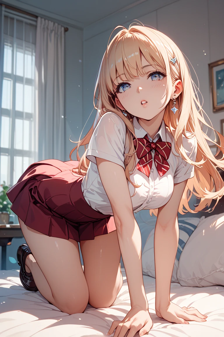 1girl in, a blond, hi-school girl、school classrooms、Put your hands behind your head、Spread your legs apart、top-quality、lighting like a movie、Frustrated face、Wearing sweat、full of sweat、Eyes from below、evening、Outside the window is a view of the countryside、