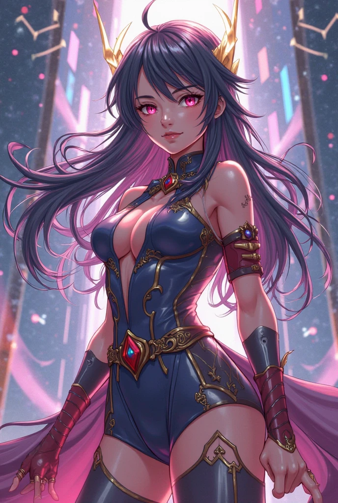 ((masterpiece, best quality)), (photorealism:1.3), 1girl, alluring, mysterious, blue and purple eyes, multicolored eyes, long shimmering hair, flowing hair, deep violet hair and soft pink hair, multicolored hair, gradient hair, bodysuit, gems, jewelry, abstract patterns, opulence, decadence