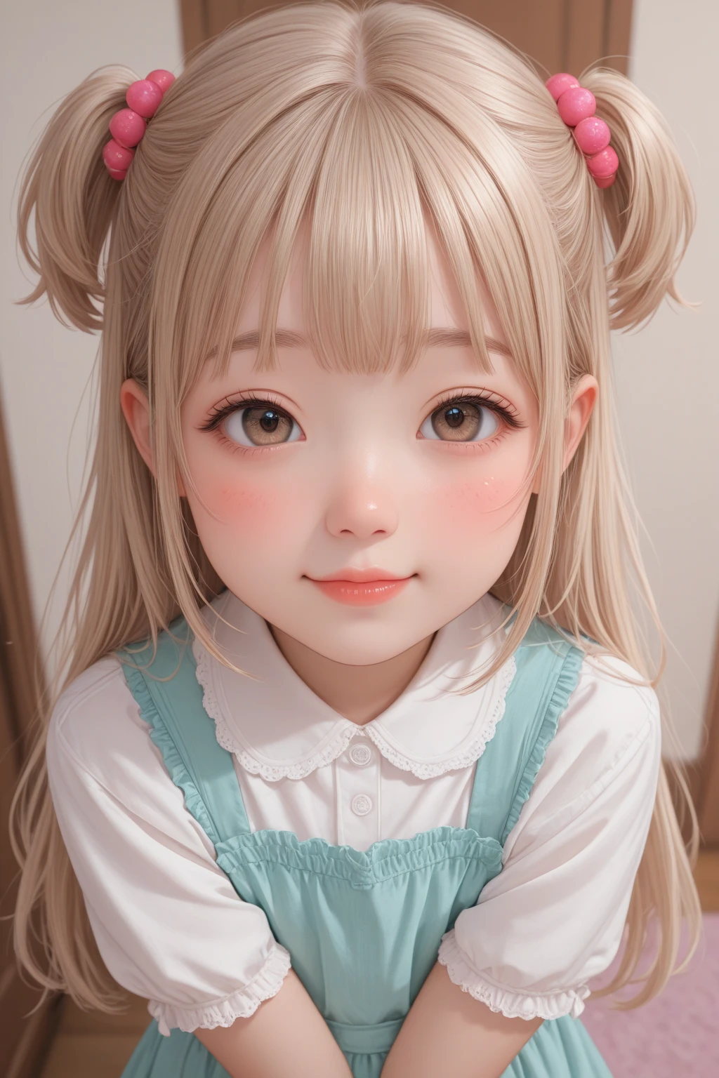 portrait、japanese school uniform、bright look、twin tails、young shiny glossy white shiny skin、best looks、blonde reflection、Platinum blonde hair with dazzling highlights、shiny bright hair,、super long straight hair、Shining beautiful bangs、Sparkling crystal clear charming big blue eyes、A very beautiful and lovely cute 16 year old girl、rich bust、White and beautiful blouse、With slit、((I could see the whole body))、beautiful face、The chest area of the clothes looks tight、Loosening perm、Pleated skirt with plenty of checked pleats、No bra、