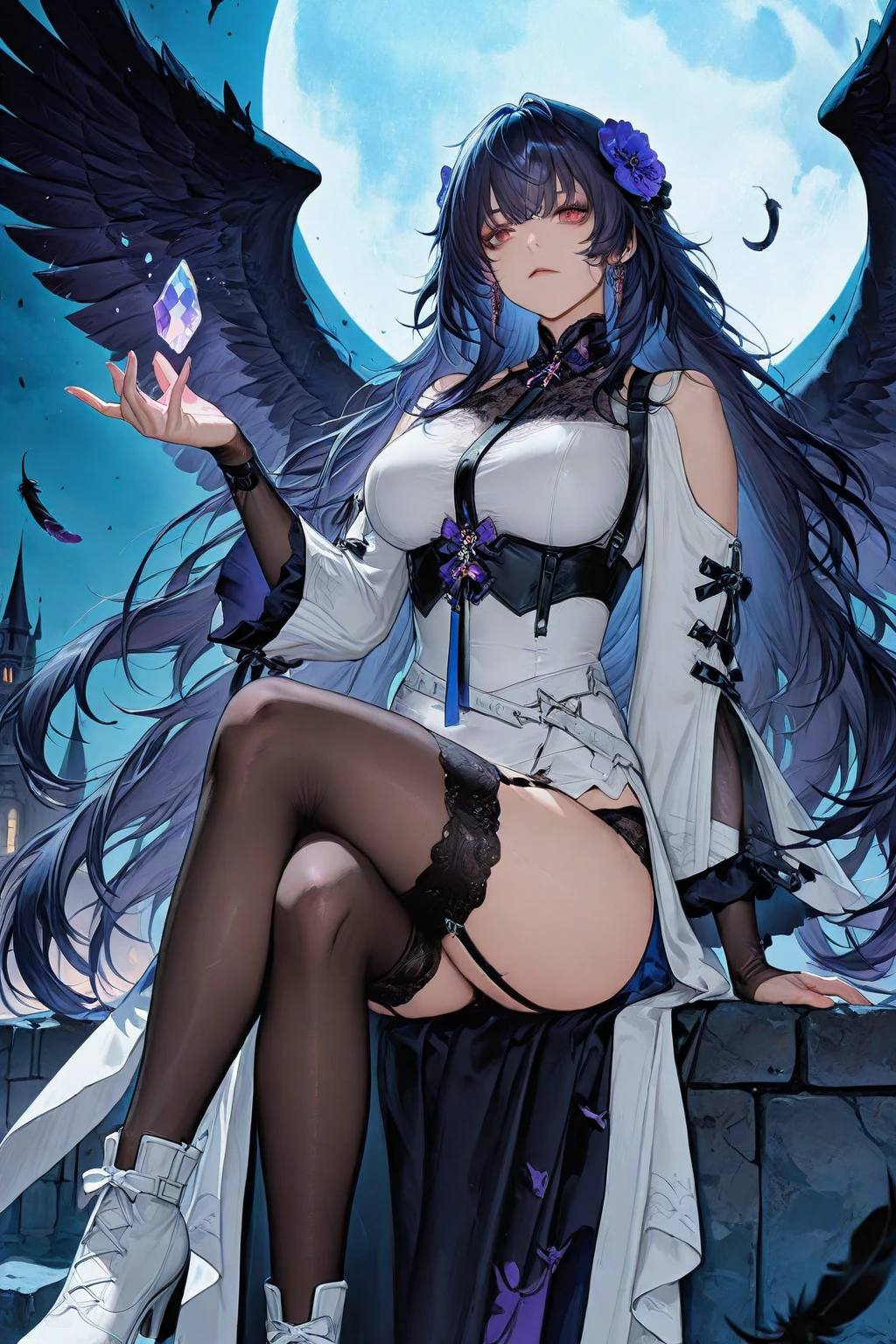 Masterpiece), (Best Quality), Almighty, All-American, All-Moon, (Black Leg), 1girl, (crow), White Chain, Ruins, 1gir, flower, flower, flower, floud_moon, (crow), chain, ruins, 1gir, in flower, black_bikini,1 Girl in lace, navel, maid outfit --auto --s2