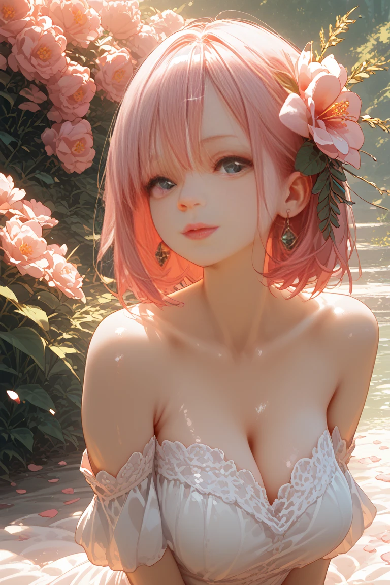 (Masterpiece, BestQuality:1.3), (ultra detailed:1.2), (hyperrealistic:1.3), (RAW photo:1.2), High detail RAW color photo, professional photograph, (Photorealistic:1.4), (realistic:1.4), (Pink Hair:1.5), professional lighting, perfect anatomy, (Big Breasts:1.2), (blush, detailed face), (A happy smile:1.7), Trending Hair&Trending Hairカラーをランダムに, earrings, necklace, bracelet, sexly, erotic sexly, Random sexy gravure poses, (Sexy beauty in green bohemian dress、Forest background、Smiling face、Posing with a flower crown、The back is boldly open:1.3)