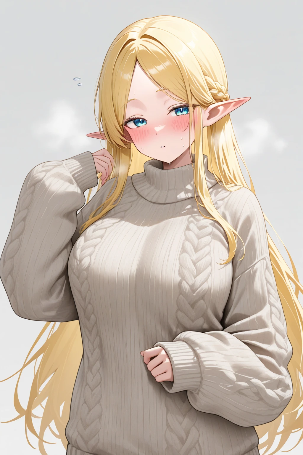 The image shows a young woman with a cartoon look.. She has long blonde hair that cascades down her back.. His eyes are blue and drawn in an exaggerated way., which gives it an innocent appearance. He has pointed ears that peek out slightly from under his fur.. She is wearing an off-white turtleneck sweater with a cut out on the chest that reveals her cleavage.. The sweater has a fine, fitted knit look., that highlights her curves. She wears dark black stockings that reach up to her thighs.. Her hands are resting on her thighs, and has a subtle smile expression on his face. His posture is relaxed and natural. The woman appears in the foreground, with the body slightly inclined, which gives it a sensual image.  The lighting is soft and warm, which creates a cozy atmosphere.  