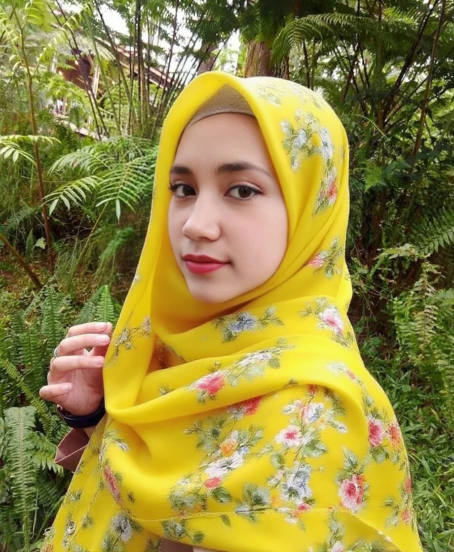 RAW, Best quality, high resolution, masterpiece: 1.3), beautiful malaysian woman in hijab,Masterpiece, perfect slim fit body, (big breastig gorgeous eyes, Soft smile, wear a light tight shirt and very tight light legging. cameltoes.panties lines.necklace, shairband, evening view. freestyle pose. waterfall view. Excellent lighting, Bright colors, Clean lines.