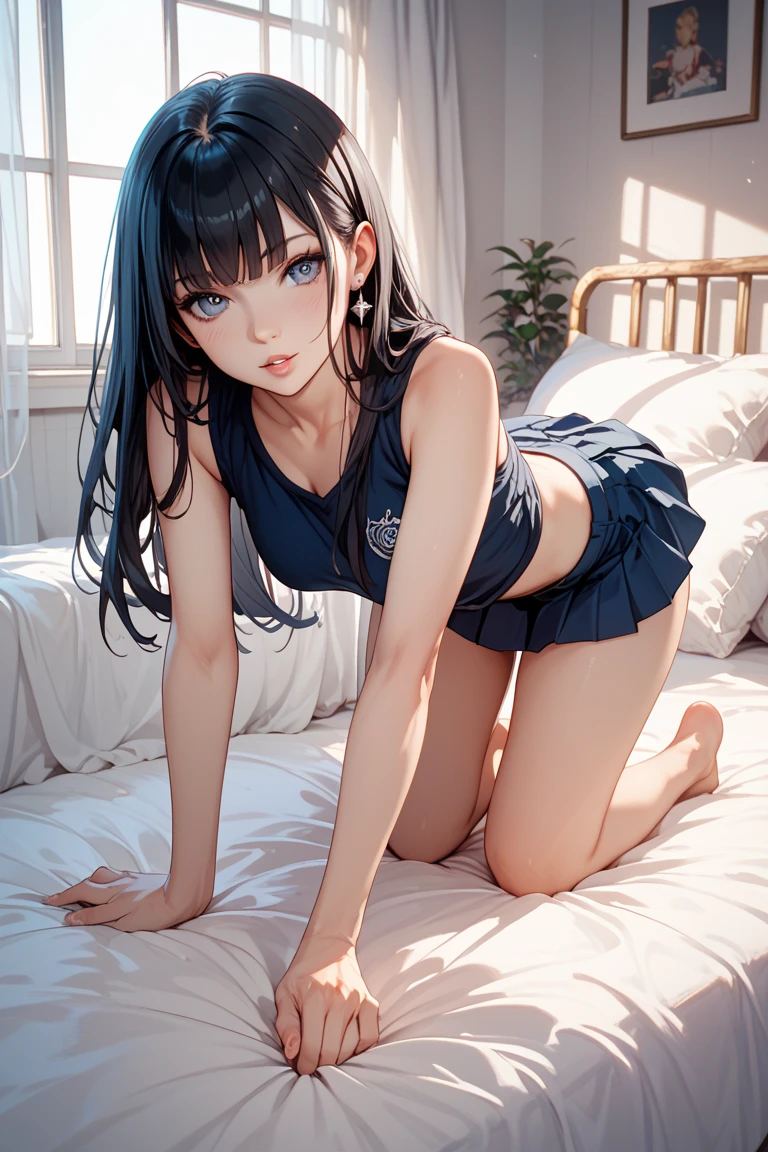 photorealistic, Ultra-detailed, (best quality, 8k, 32k, masterpiece, UHD:1.2), Photo of 22yo beautiful Hungarian woman taken by professional photographer, lying on her back, from above, summer sailor costume, short sleeve, sailor collar, bowtie, pleated mini skirt with panties, medium hair, skinny, small breasts, navel, head on a pillow, spread legs,
