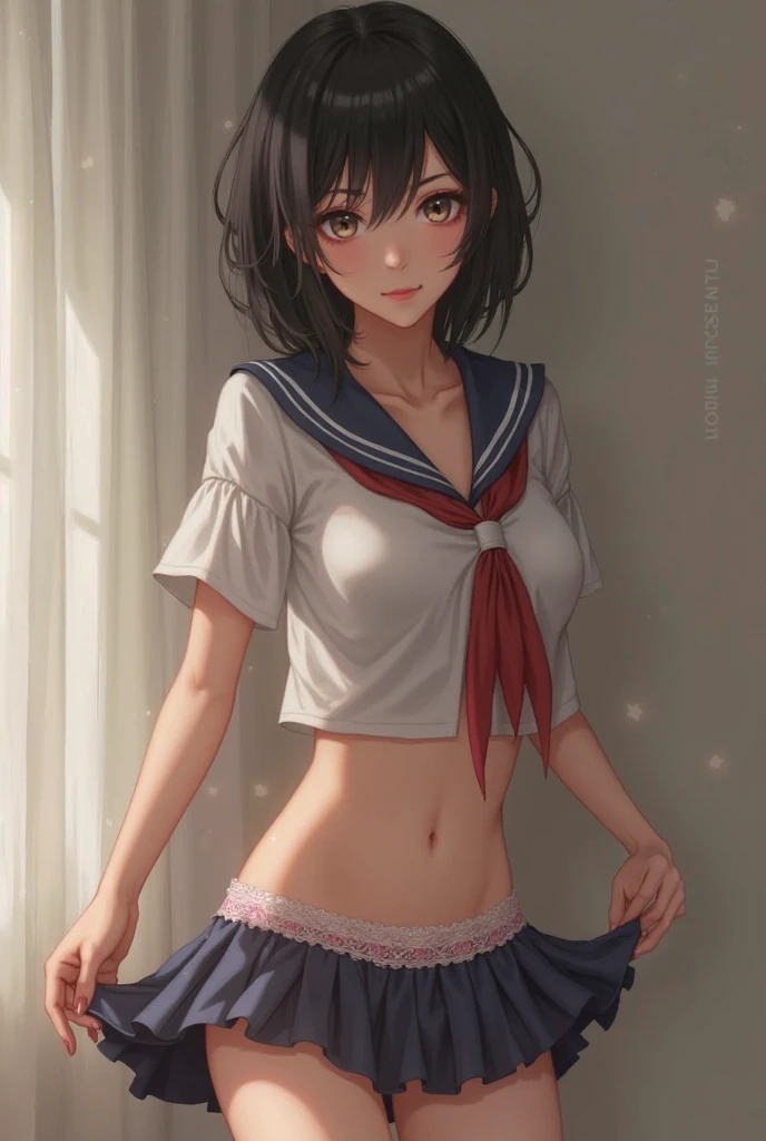 (masterpiece), 4K,woman,Long sleeve sailor suit,Tied up hairstyle,Small breasts,Small Ass,Natural light, Realistic, skinny, Grin,Long nipples,Areola,,good,((,Knee-length bloomers)),Standing
