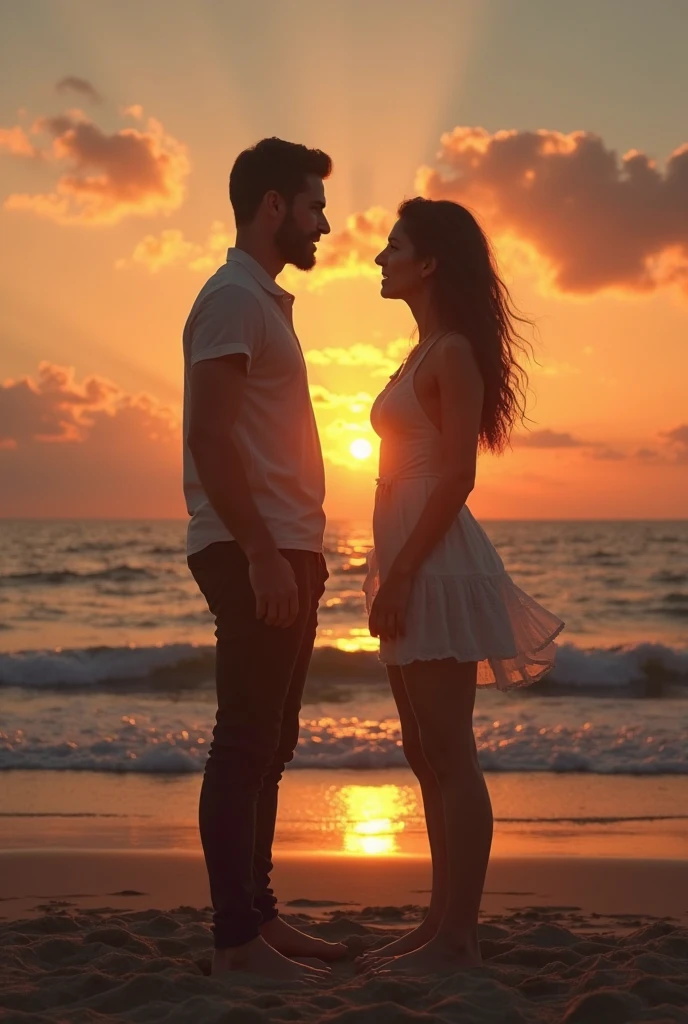 (((a boy and a beautiful girl in their twenties))), standing on a beach, beautiful sunset, perfect body, beautiful face , ultra high quality, magical, mysterious, love, romantic, photo realistic, silhouette, ultra hd, --auto