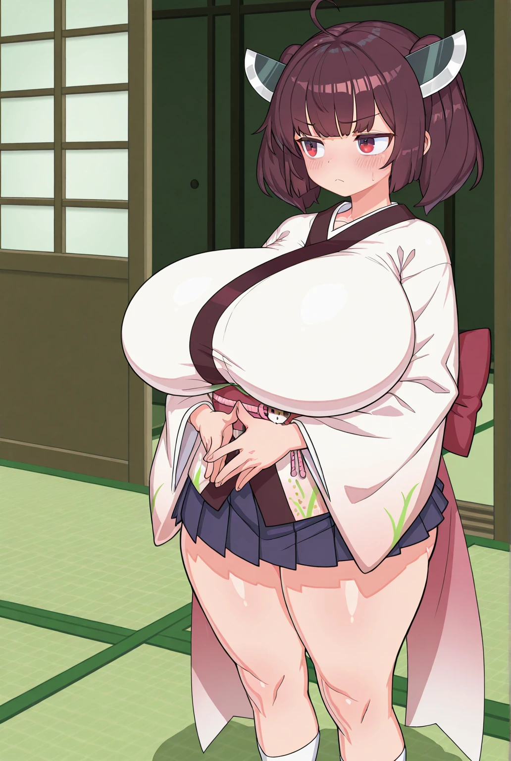 Stema Peace、hanekawa tsubasa、attack of glasses、A dark-haired、large boob、 (Black hair, Brown eyes, Round face), (nose blush, half opened eye),, [Full body shot]、eye glass、Head-to-toe shots、A dark-haired、wearing kimonos、The neck and hem are exposed、