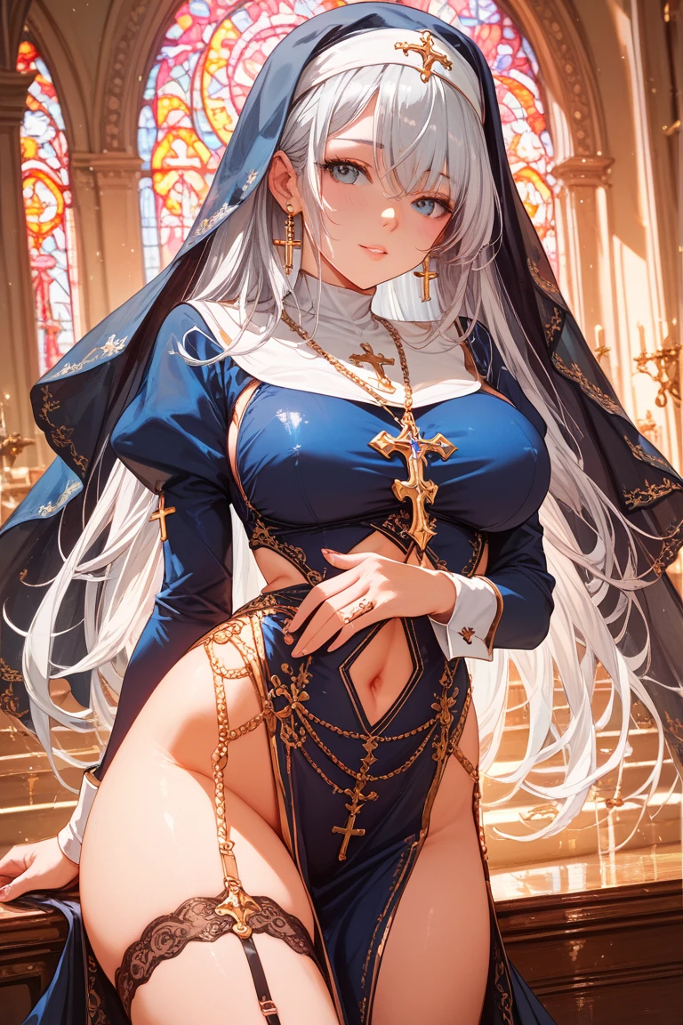 score_9, score_8_up, score_7_up, source_anime, (masterpiece), best quality, expressive eyes, perfect eyes, perfect face, oni girl, oni horns, red eyes, soft lips, long hair, very long hair, wide hips, (white hair:1.2), (white eyebrows:1), (white eyelashes:1), medium breasts:0.5, higuchi madoka, big breasts:0.3, full body, background: sea, marine_nun, habit, blue dress, underboob, breast curtains, pelvic curtain, garter belt, white thighhighs, own hands together,