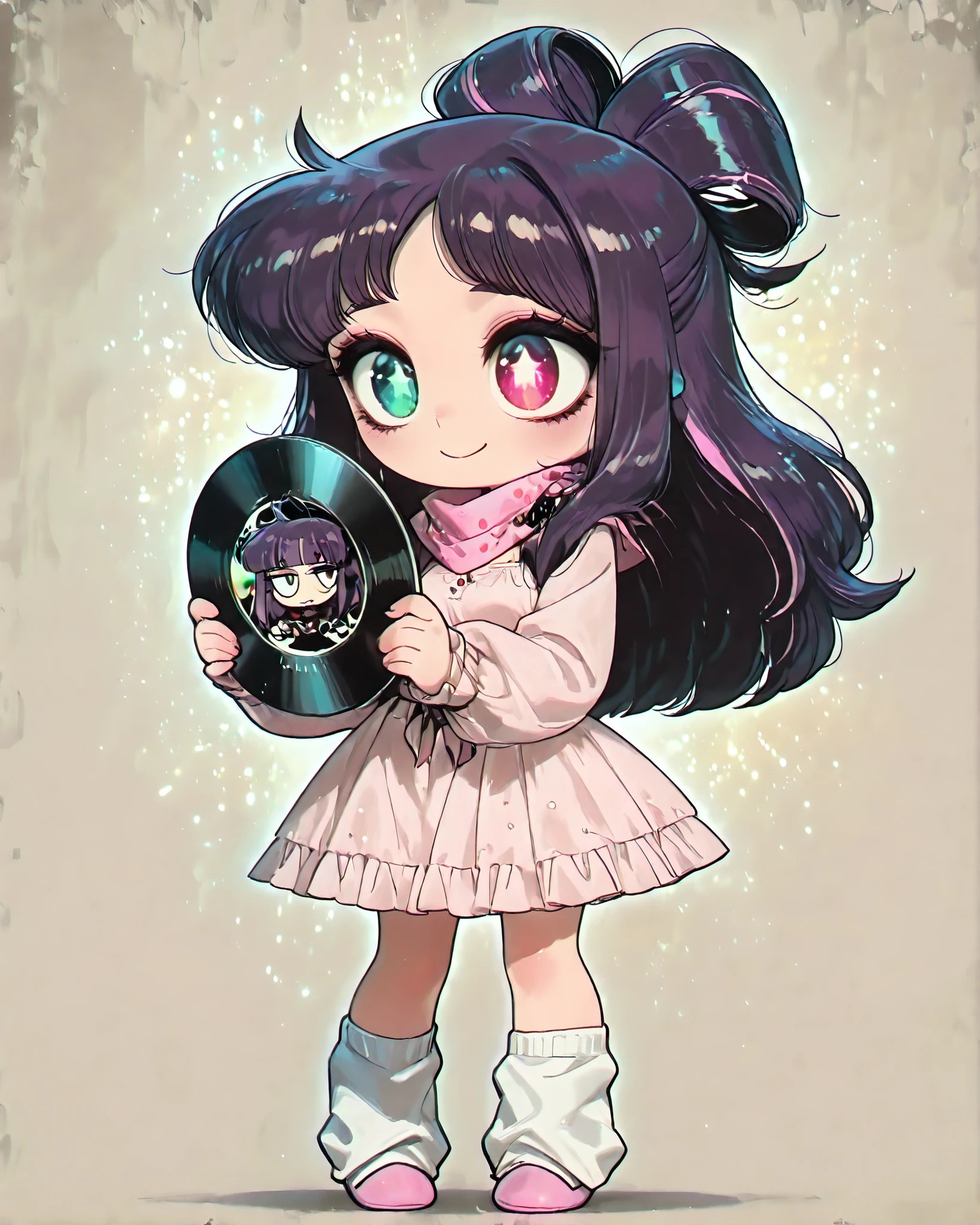 front angle, (masterpiece, 4k, detailed image, vivid colors, retro atmosphere), {chibi}:(a beautiful woman, hair in a rebellious/messy hairstyle painted with a rainbow, wearing vintage clothes: a long pink dress with black polka dots, a pink scarf tied around her neck, delicate white socks and pink flats, her eyes in heterochromia: one is purple the other is green, expressive eyes, her iris is heart-shaped, standing, holding 1 vinyl record with the words "the best of the 60s" in her hands, she looks and smiles happily with light makeup), solo, neutral background, no background, perfect lighting creating shadows in the scene and on the character