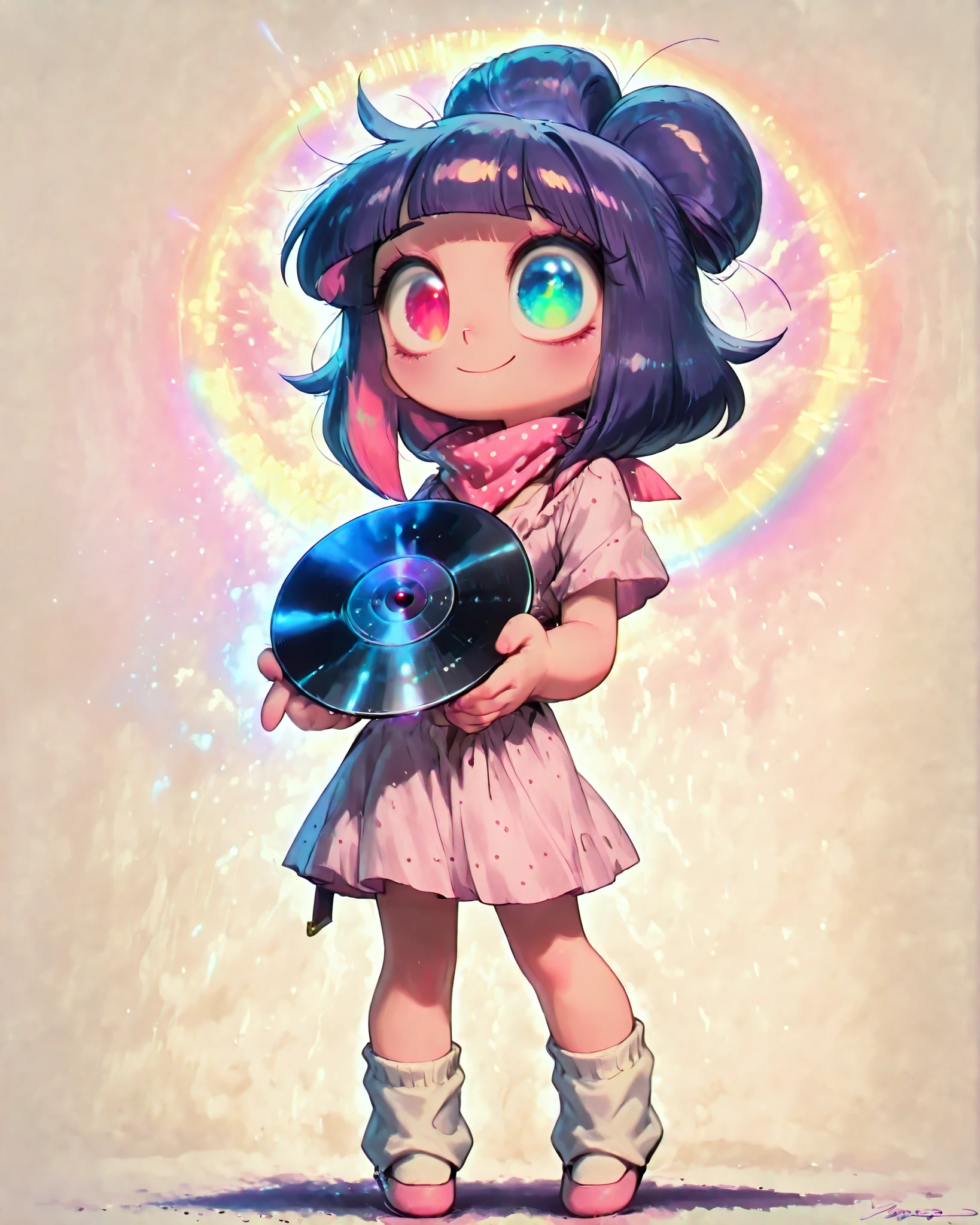 front angle, (masterpiece, 4k, detailed image, vivid colors, retro atmosphere), {chibi}:(a beautiful woman, hair in a rebellious/messy hairstyle painted with a rainbow, wearing vintage clothes: a long pink dress with black polka dots, a pink scarf tied around her neck, delicate white socks and pink flats, her eyes in heterochromia: one is purple the other is green, expressive eyes, her iris is heart-shaped, standing, holding a vinyl record with the words "the best of the 60s" in her hands, she looks and smiles happily with light makeup), solo, neutral background, no background, perfect lighting creating shadows in the scene and on the character