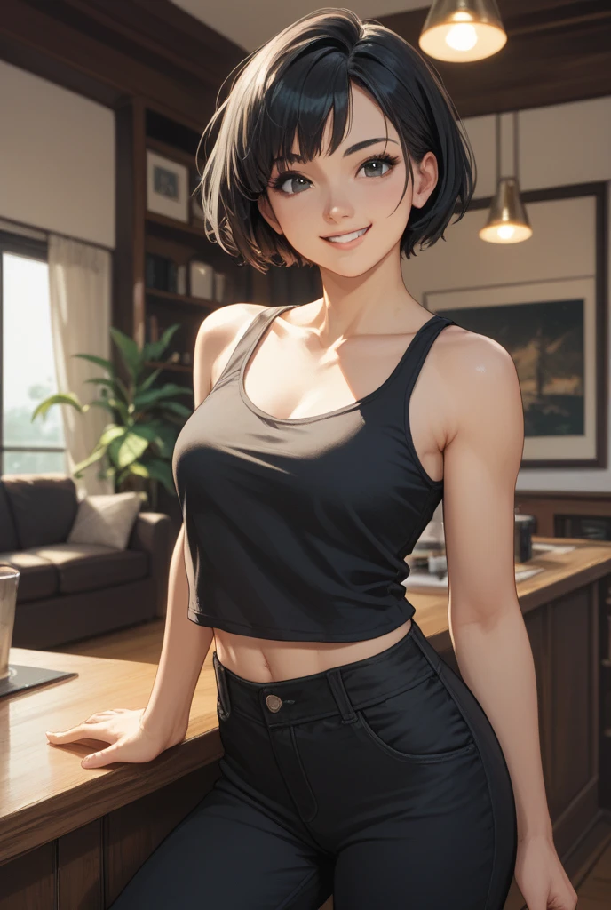 Tabletop, highest quality, Photorealistic, In detail, High resolution, 8k wallpaper, Perfect dynamic composition, Sharp focus, Surreal, Beautiful fine details, Pixie Cut Hair, Big ample breasts, Random sexy poses, Put your chest together, (Beige tight O-neck knit tank top, Black lace high cut panties), (Thighs), (Breast bulge:1.2), (grin), Open your mouth, Resort scenery, 45 years old, (drooping eyes:1.4), Adult Beauty, Japanese, simple chain necklace