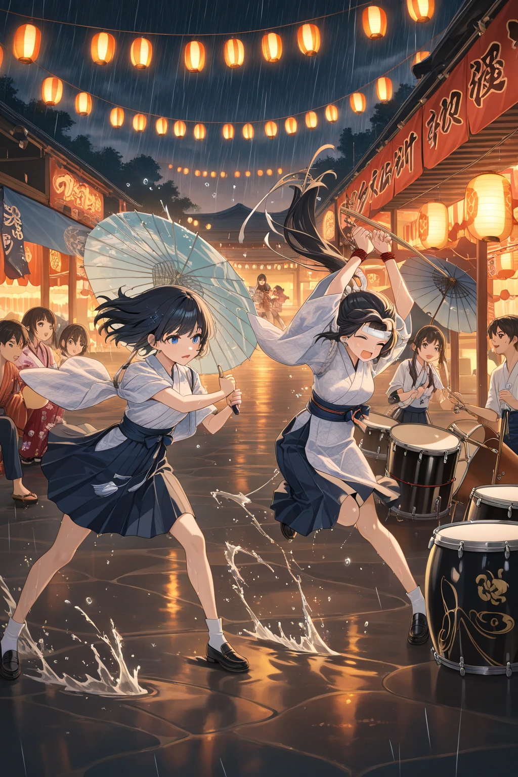 (from below:1.6), (((Emphasizing rain streaks:1.9))), (((super stormy,大型台風級of豪雨,like a rain of super typhoon:1.2)))of(((Singing and dancing wildly in the,A large crowd enjoying the Awa Odori dance:1.4))), ((Extreme perspective)), ((天候に負けてない大群衆of阿波踊りof迫力)),