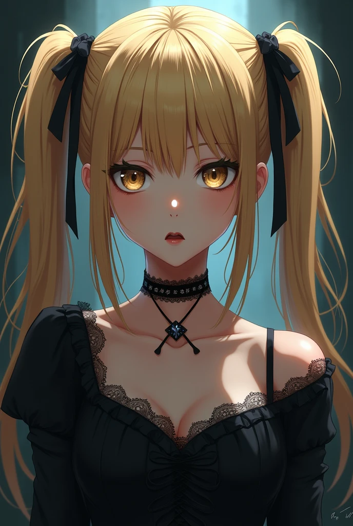 ((Young woman in handcuffs)), anime, blonde, braids, bright makeup, leather mini skirt, leather bra, decorations, stilettos