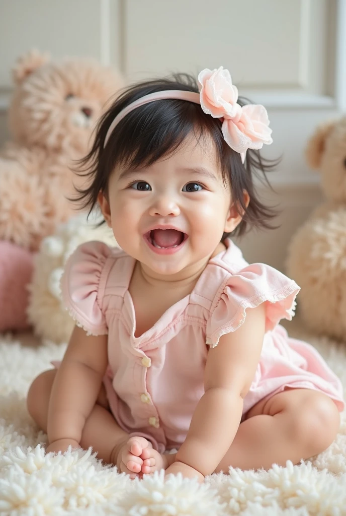 Create image of baby wearing a pink flower dress and pink bow and smiling showing two teeth on top and two teeth on the bottom
