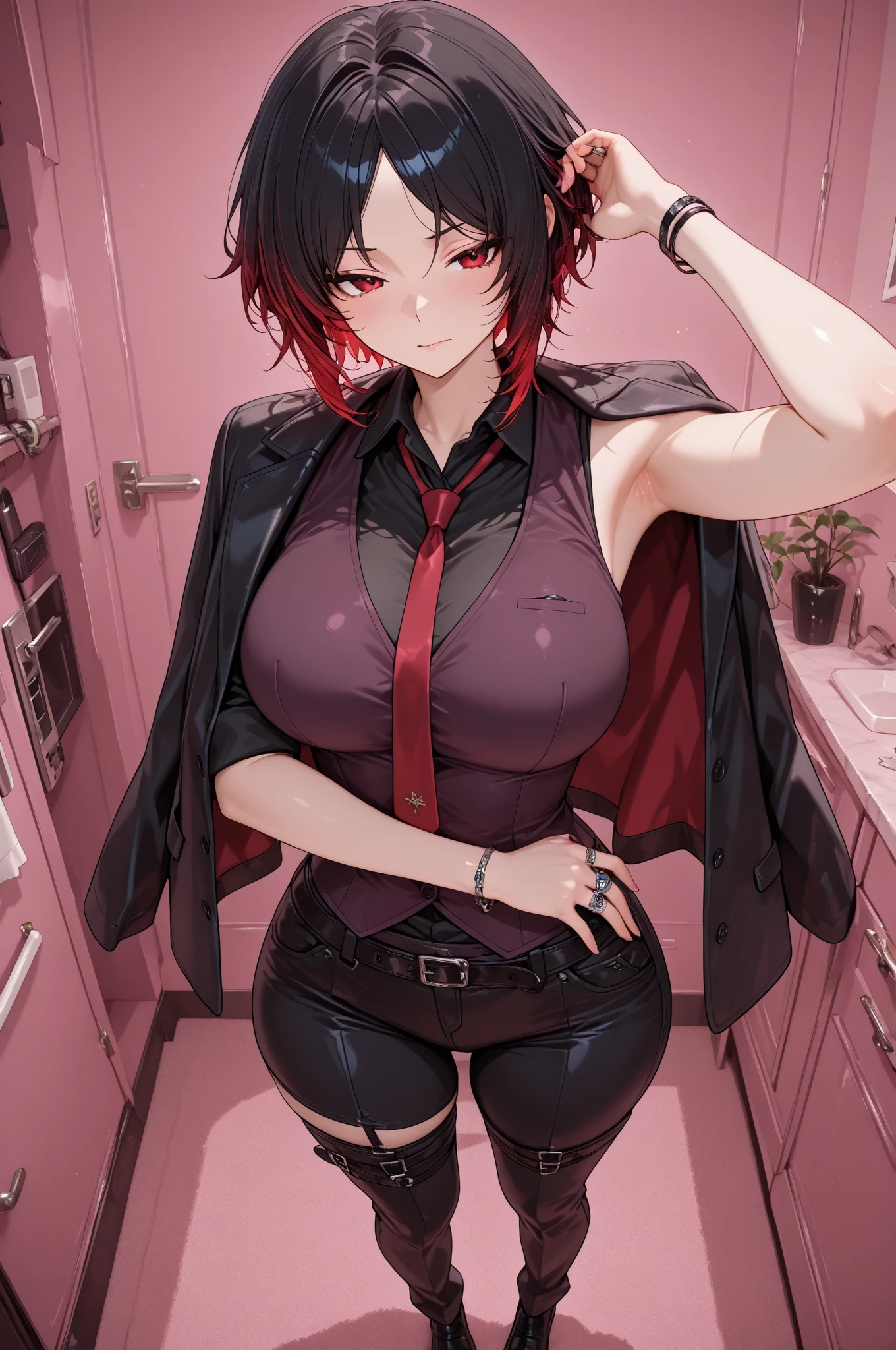 ((Highest quality)), ((masterpiece)), (Familiar), Hazy, One Woman, Mature Woman,Purple Hair, short hair, eye shadow, Low Ponytail, lipstick, Detailed face, Red eyes,Large Breasts, Black jacket, White tight skirt