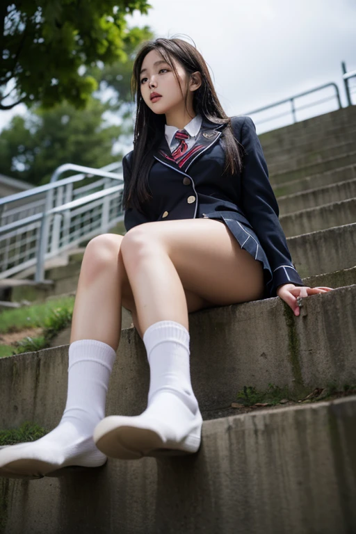 Dark blue high socks majicMIX Real、(Raw photography:1.2)、(Photorealsitic:1.4)、The beauty of beautiful details and delicate facial expressions、a blond、((Panties are visible))(Squatting panty shots)piercings Lashes beatiful detailed eyes、huge filesize、ultra-detailliert、hight resolution、Transcendent beauty top-quality、masterpiece、、(Japanese girls' high school uniform))、Very detailed expression Magnificent、finely detail、Highly detailed face movie lighting、17 years old girl、front facing、((dynamicposes)))、(Sitting on legs with bent knees))、pleatedskirt、blazers、Sexy upper eyes、Panties、