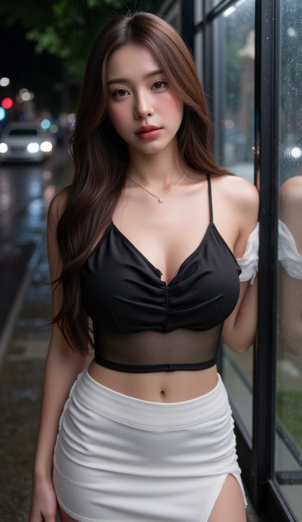 8k, masterpiece, RAW photo, best quality, photorealistic, extremely detailed CG unity 8k wallpaper, Depth of field, Cinematic Light, Lens Flare, Ray tracing, (extremely beautiful face, beautiful lips, beautiful eyes), intricate detail face, ((ultra detailed skin)) 1girl, in the dark, deep shadow, pretty Asian girl, idol, 1 girl, (very slim slender fit-muscled body:1.3), ((looking at viewer)),(big smile:1.3), (tight laced blouse), ((hot pink color blouse)), (short sleeve) , (city night, dark night, (neon sign), (blurred background), dim lights, cityscape, rooftops, beautiful earrings, bracelets, necklace, pantyhose, clear eyes, (pale skin), (big eyes), face forward, ((upper body shot)), (silk black color pants),(brown hairs),((tight fitting laced pants)), (see through), (looking at viewer:1.3), open breast, very slim, medium breasts, (see through),((flooming laced)), ((camel toe))