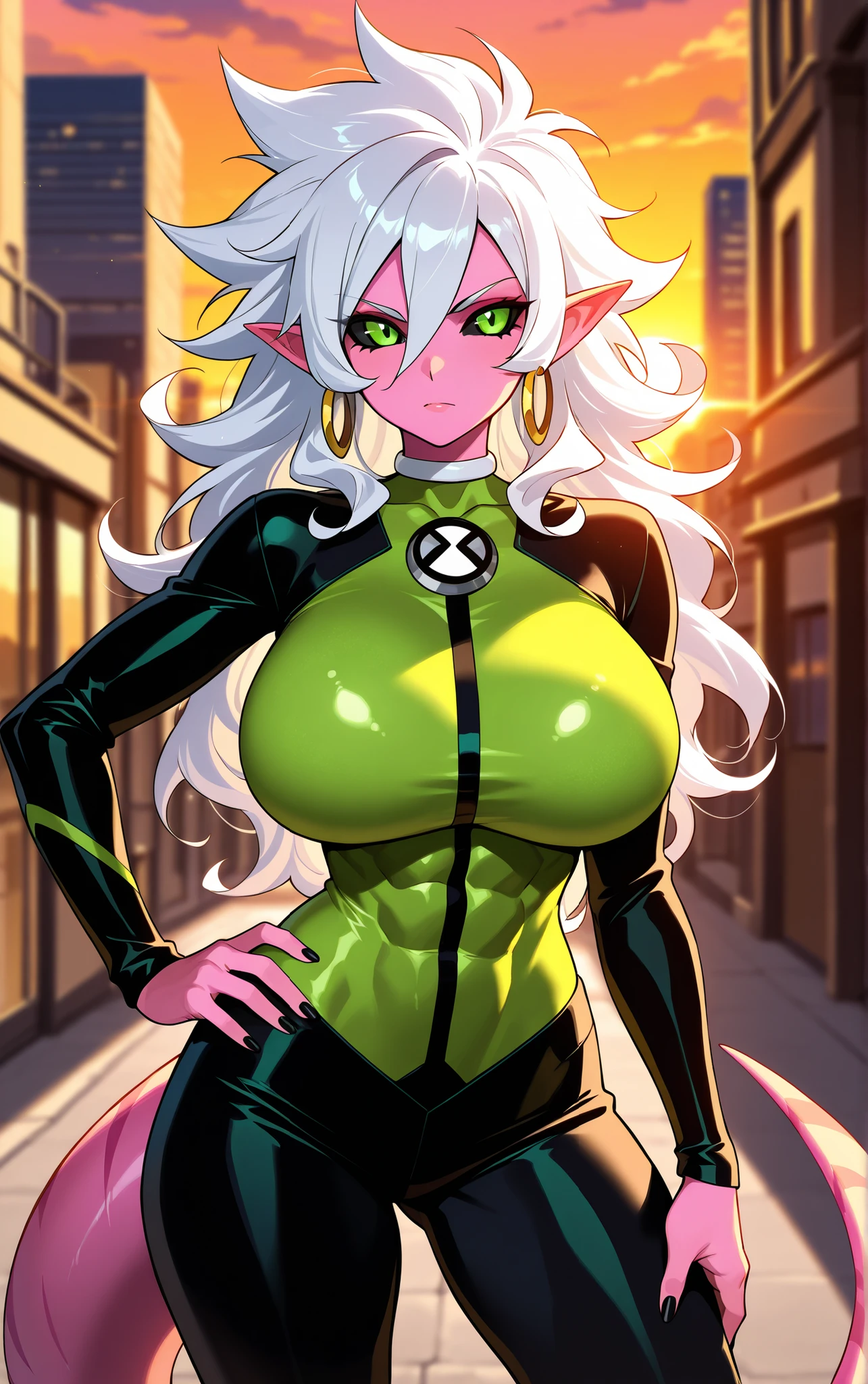 {{masterpiece, ultra-high quality, professionally detailed, professionally shaded}},
1girl, big hair, black sclera, curly hair, jewelry, monster girl, neck ring, pink skin, green eyes, spiked hair, white hair, hoop earrings, long hair, pointy ears, tail, huge breasts, hair between eyes, white choker, black nails, nail polish, colored sclera, messy hair, colored skin, abs, toned, black sleeves,
(contrapposto, hand on hip), sunset, sidelighting, cityscape, vanishing point, outdoors , depth of field, solo, black pants, green bodysuit, ben10