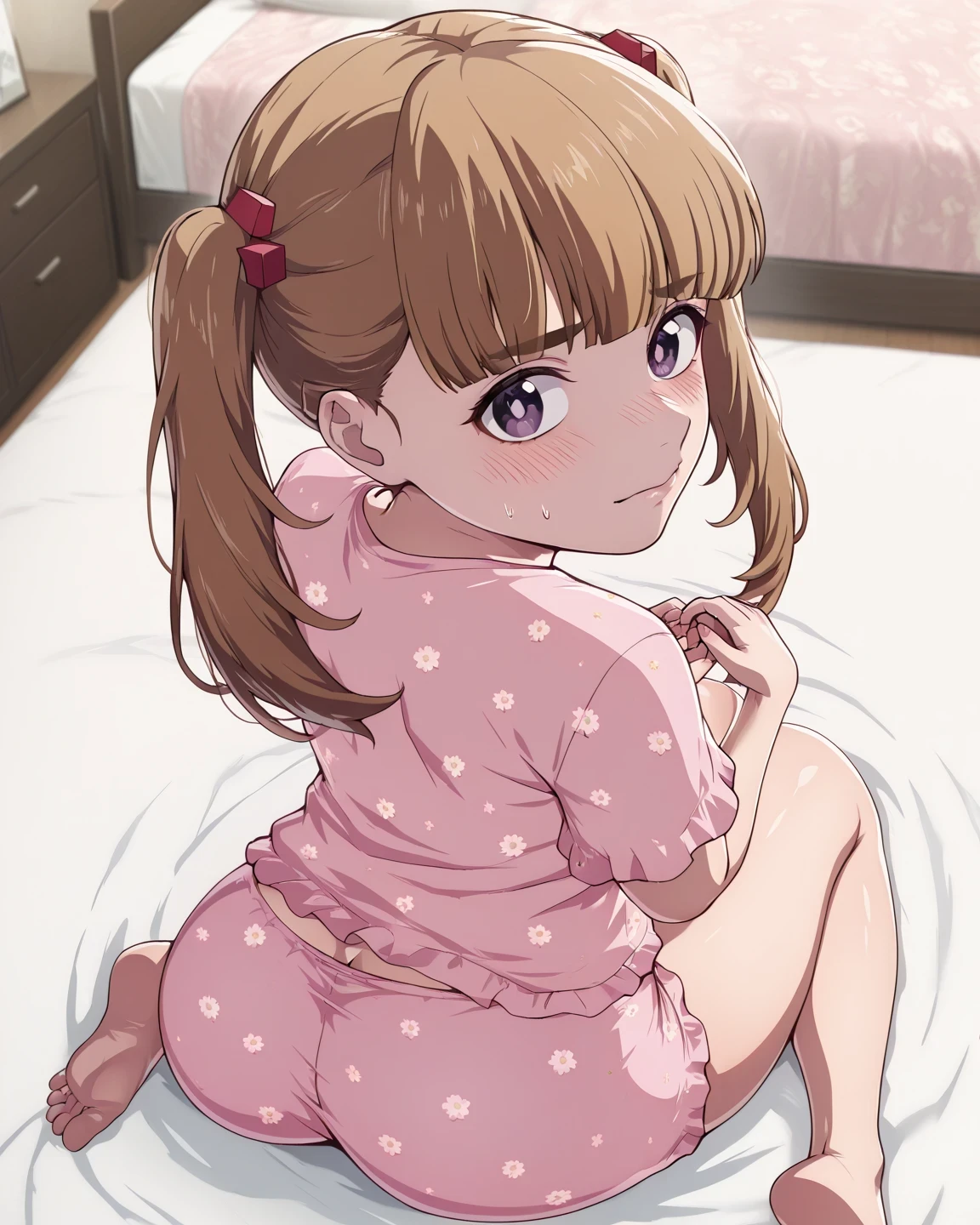 18+, mature, milf, tall, age over 18, adult, aged up,  large body, tall, masterpiece, best quality, newest, solo,  blush, shy, nervous, shiori kobayakawa, cute, brown hair,short twintail, purple eyes, hair ornament, wearing pink pajama pants, pajama shirt, thick thighs, chubby thighs, large , sitting, wariza, 1girl, in her bedroom, on bed, close to viewer, from above, high angle, full body, 