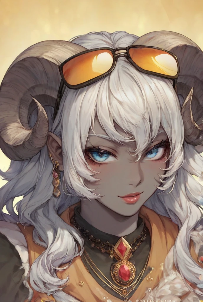 1 sheep woman, sheep's snout, shaman outfit, white hair, dark-skinned female, dark skin, anime art, holding an axe with both hands, muscular female, pointed nails, messy hair, white eyes, perfect eyes, original, (masterpiece), (illustration), (extremely fine and beautiful), perfect detailed, photorealistic, (beautiful and clear background:1.25), (depth of field:0.7)