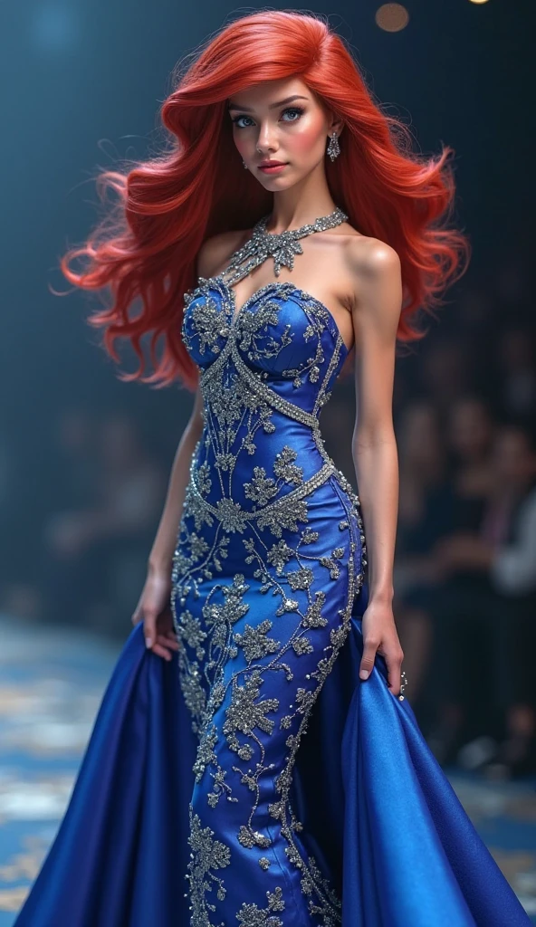 a glamour picture shot, of an elite model covered in fire walking on a icy catwalk, an extraordinary glamourous elite female model, ((full body: 1.5)),  ((anatomically correct: 1.5), (ultra detailed face: 1.2), best detailed face, orange hair, long hair, lush hair, glam hair cut, blue eyes, delicate face, light make up, wearing intricate detailed dress, glamour dress, haute couture dress, elite fashion dress, FireMagicAI,  small cleavage, wearing high heels, elegant high heels, she wears diamond necklace, she is covered in fire, she walks on an icy catwalk, image reflecting in the ice IceMagicAI, vibrant, Hyperrealism style, vibrant, Ultra-high resolution, High Contrast, (masterpiece:1.5), highest quality, Best aesthetics), best details, best quality, highres, ultra wide angle, 16k, [ultra detailed], masterpiece, best quality, (extremely detailed) RAW, chumbasket art style, photograph, photograph