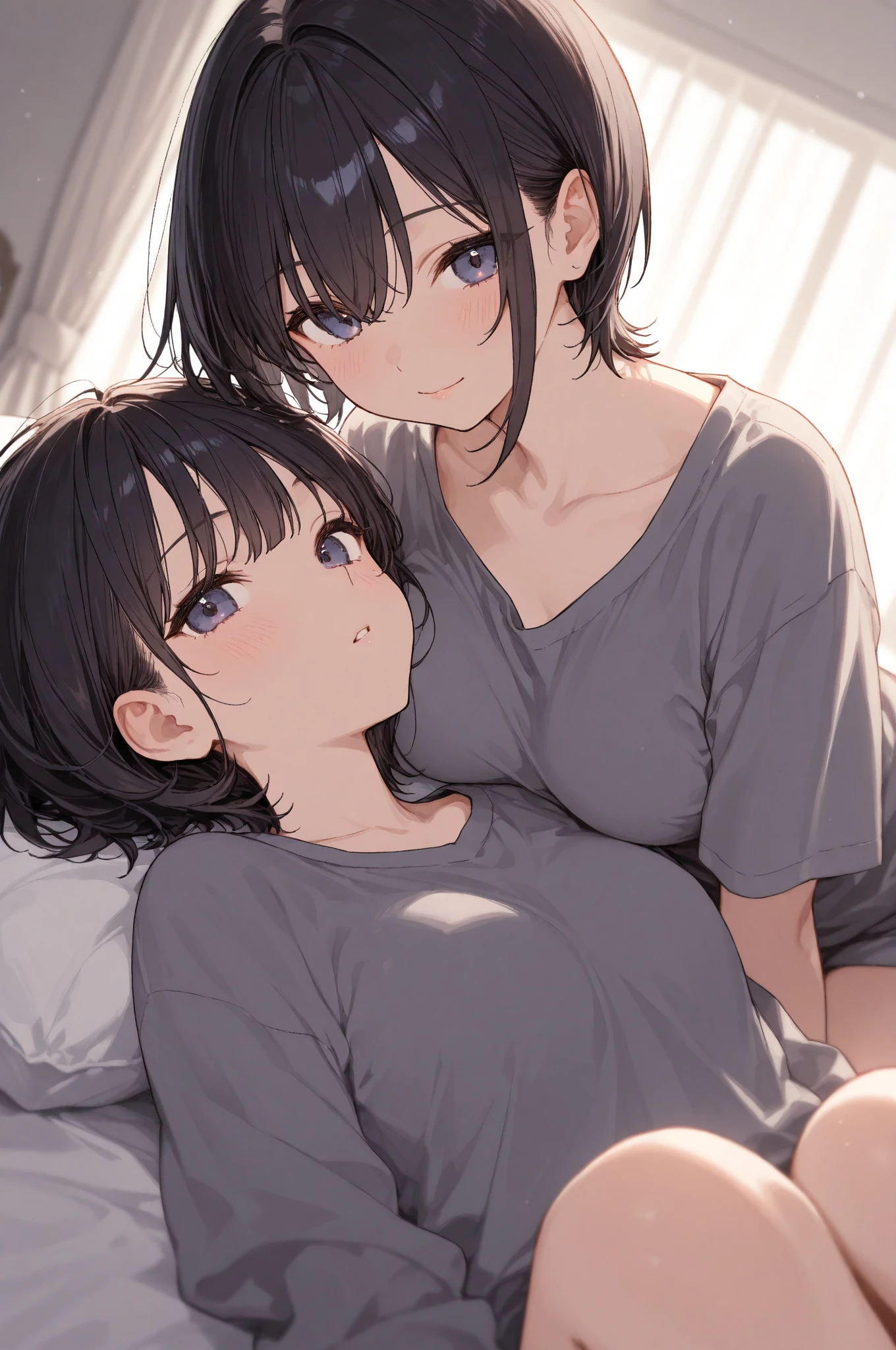 A 50-year-old mother and her 10-year-old son,Sit on the bed,Cute Smile,Embrace each other,Clothes get wet,Sweat,Mommy in bra and panties、Sweatで乳首が透けて見える、Embarrassing,Are thin、Small breasts、My son is wearing shorts and a tank top、