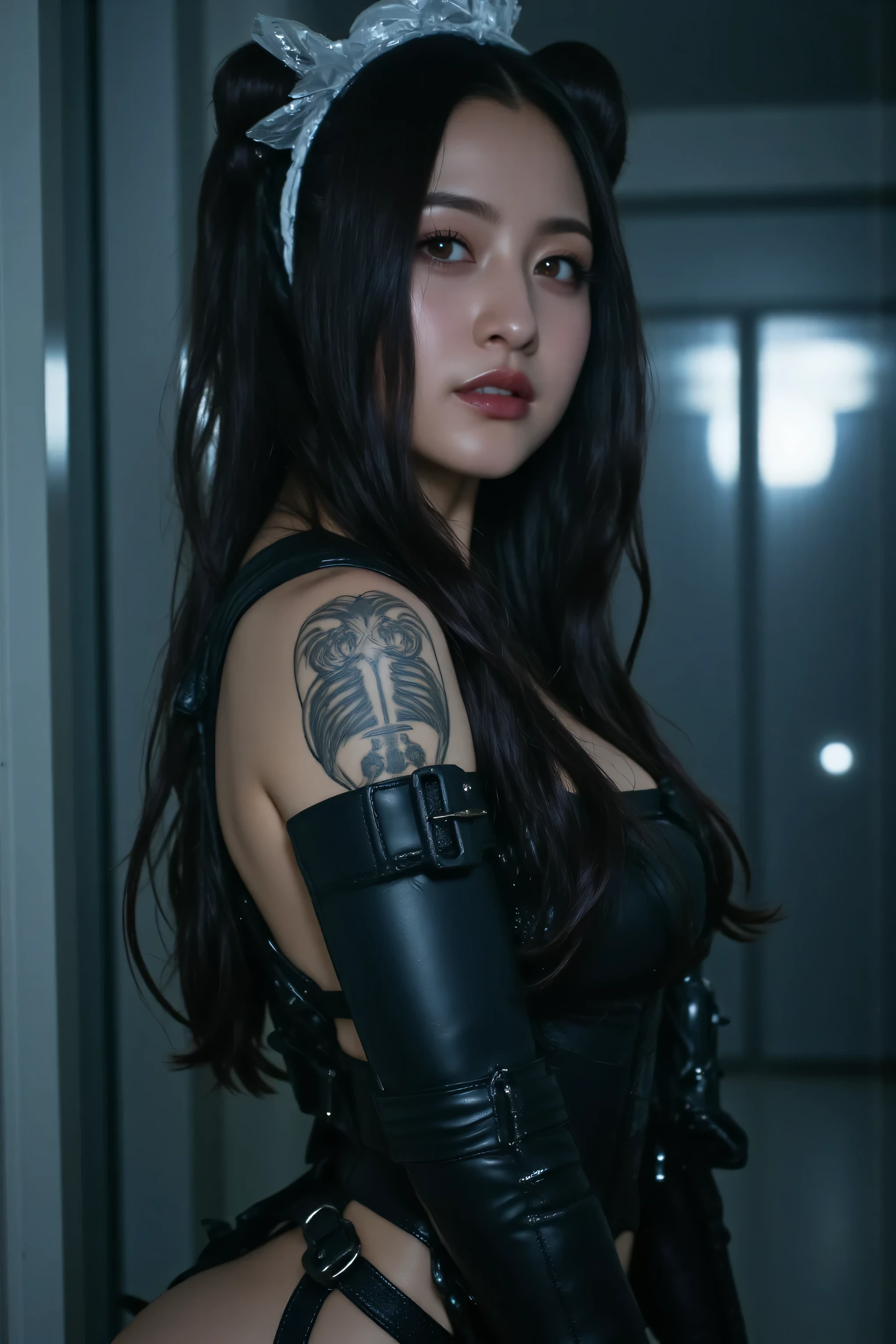 (((Midnight Future City Rooftop:2.0))),(((HR Giger-esque cyberpunk atmosphere:2.0))),(((Holding a Cyberpunk Sniper Rifle:2.0))),standing in the teacher's house,((((Side view from back:2.0)))),(shows off your crotch to viewers:2.0),(((look back and look at the camera:2.0))),((over your shoulder:2.0)),((Full Body:2.0))one woman,(cute face:1.5),(Beautiful well-balanced face :1.5),(wavy black hair:1.7),(beautiful eyes:1.3),glamorous shot of a 20-year-old Japanese woman,Beautiful slender body,((model body type:2.0)),((slim body:1.7)),Perfect Body Line,Ideal Proportions,((big breasts:2.0)),((スリーサイズ90-58-86:3.0)),((F cup chest:1.5)),big boobs,Bare thighs,sensual thighs,delicate body,(muscular:1.7),a harmonious posture,((Beautiful Butts:2.0)),((cute ass:2.0)),((Realistic breast depiction :1.7)),Carefully Depicts Limbs Based on Perfect Anatomy,((black future police style bodysuit with harness:2.0)),((((ボディラインが美しいレザー製のFull Bodyボディスーツ:2.0)))),((((体にフィットした特殊部隊用Full Bodyスーツ:2.0)))),((Tactical Holster:1.5)),(((cat ear headband))),Concept Art,(Highest Quality:1.5),(masterpiece:1.5),(超高Resolution),Resolution,UHD,(delicate depiction),carefully drawn,32k,((realistic skin texture:1.5)),(((ULTRA REALISTIC:1.5))),carefully drawn eyelashes,very detailed face,highly detailed female hands, Sexy appearance ,very sensual,(Blurry, dim background:1.5),professional photo shoot,(Movie Lights:2.0),((Blade Runner-style lighting:2.0))