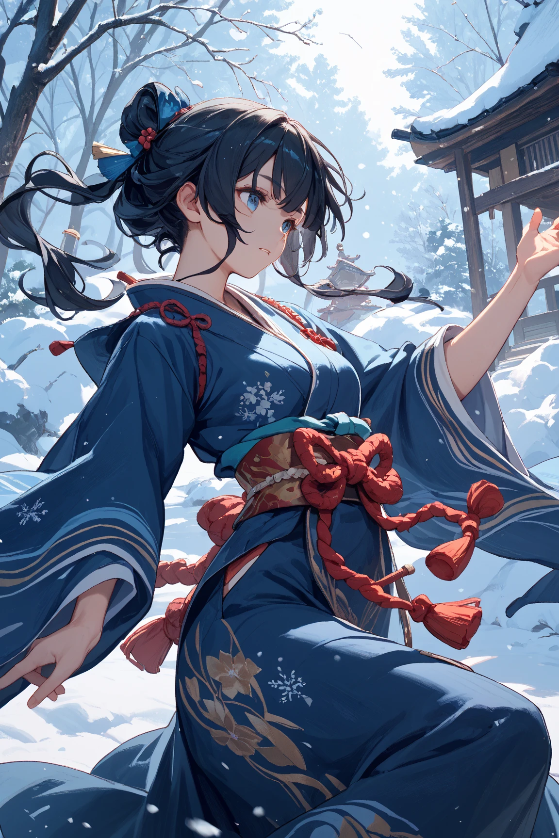 cute、Snow Mountain、Japanese House、He has a Japanese sword in his left hand.、Dark green kimono、Exposing thighs、that'it's snowing、silver world、Yellow-green floral kimono、The Japanese sword in his left hand shines brightly..、Japanese swords are long、The Japanese sword in his right hand is connected behind his head..